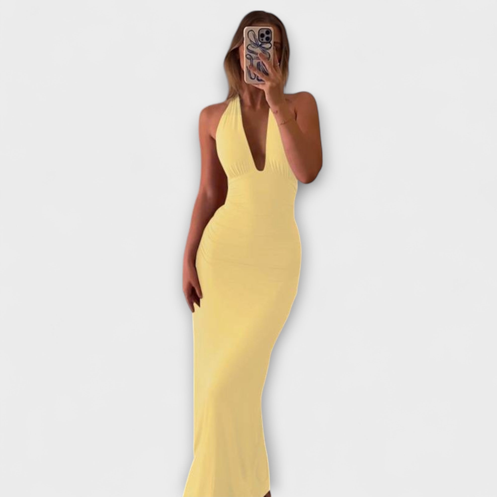 Women’s Jersey Evening Dress, Sleeveless, Deep U-Neckline, Adjustable Halterneck, Open Back, Fishtail Silhouette