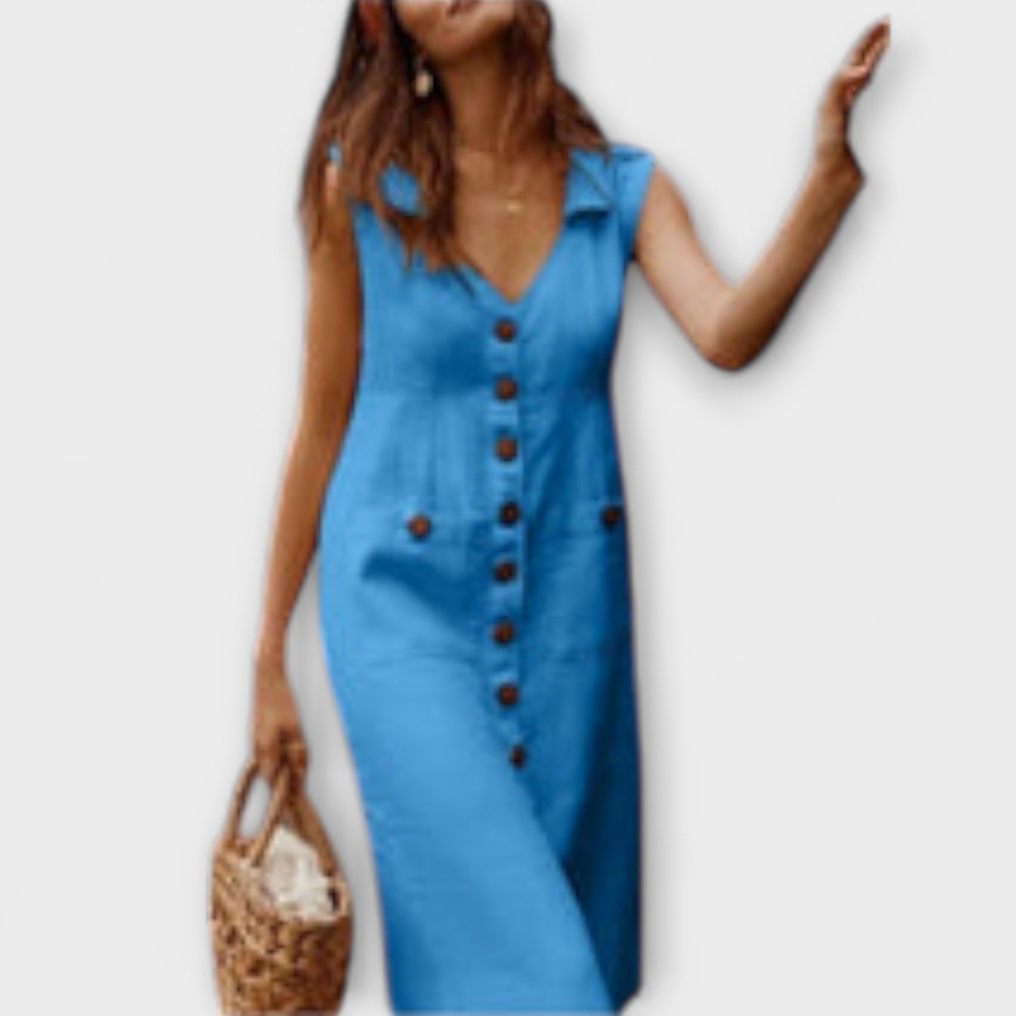 Women’s Knee-Length Cotton Linen Dress, Sleeveless, A-Line Fit, Turned-Down Collar, Pockets, Buckle Detail