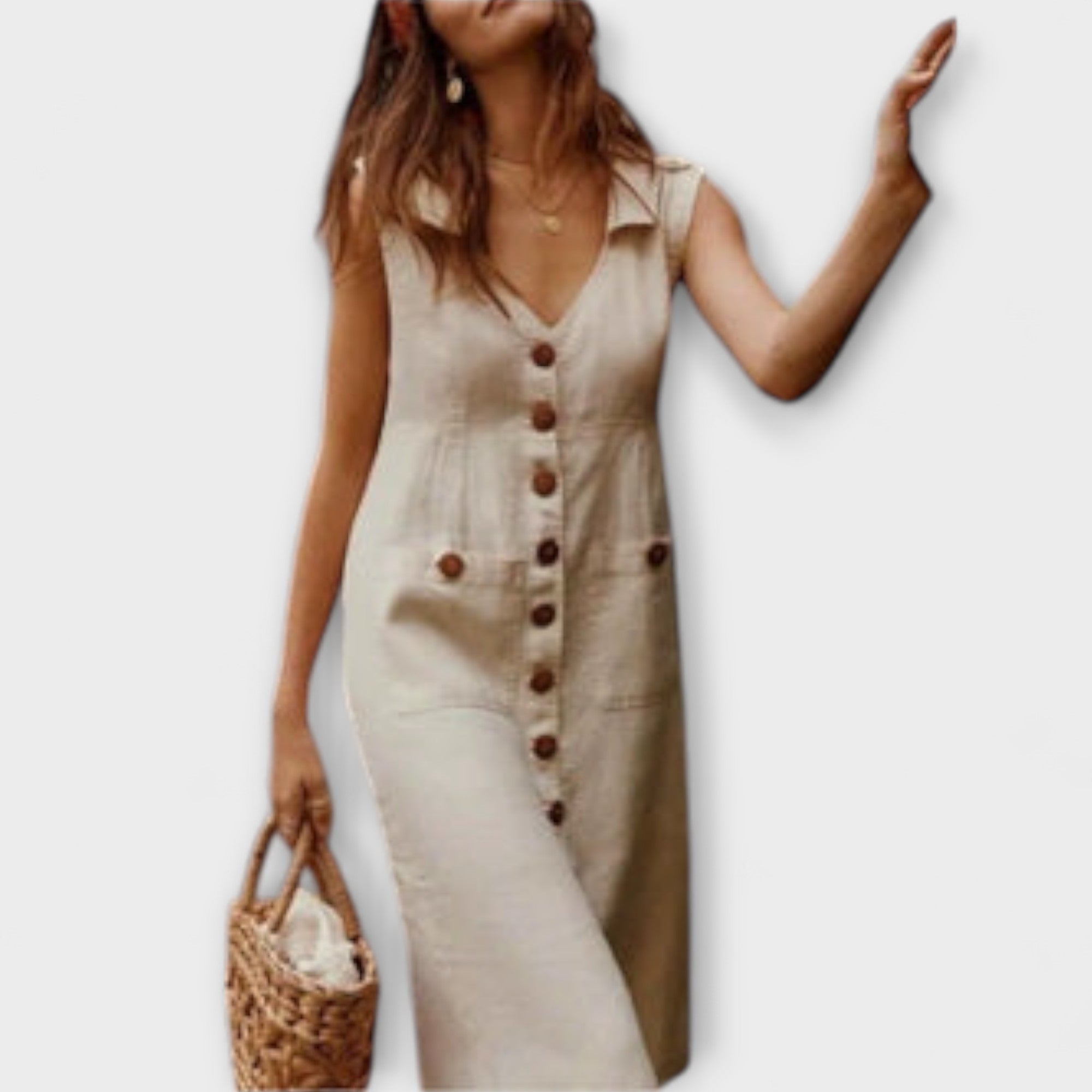 Women’s Knee-Length Cotton Linen Dress, Sleeveless, A-Line Fit, Turned-Down Collar, Pockets, Buckle Detail