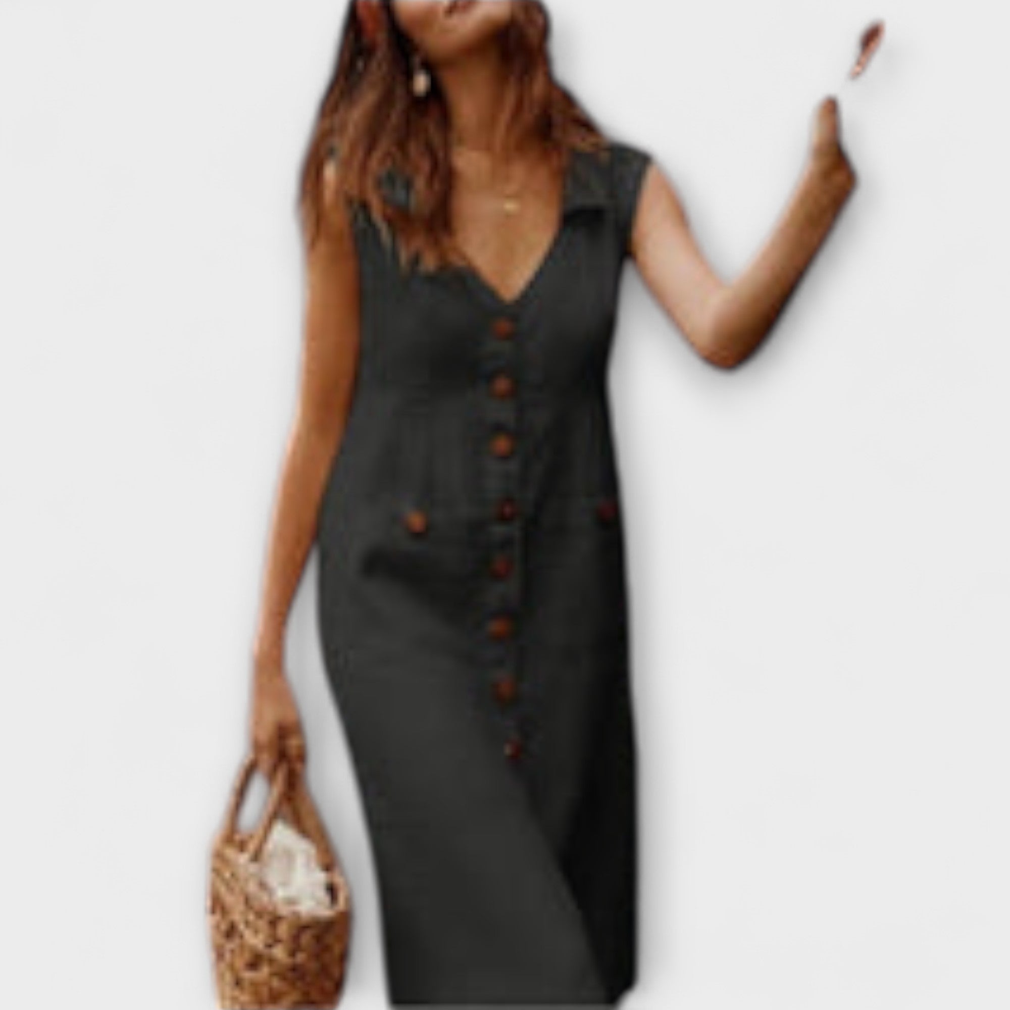 Women’s Knee-Length Cotton Linen Dress, Sleeveless, A-Line Fit, Turned-Down Collar, Pockets, Buckle Detail