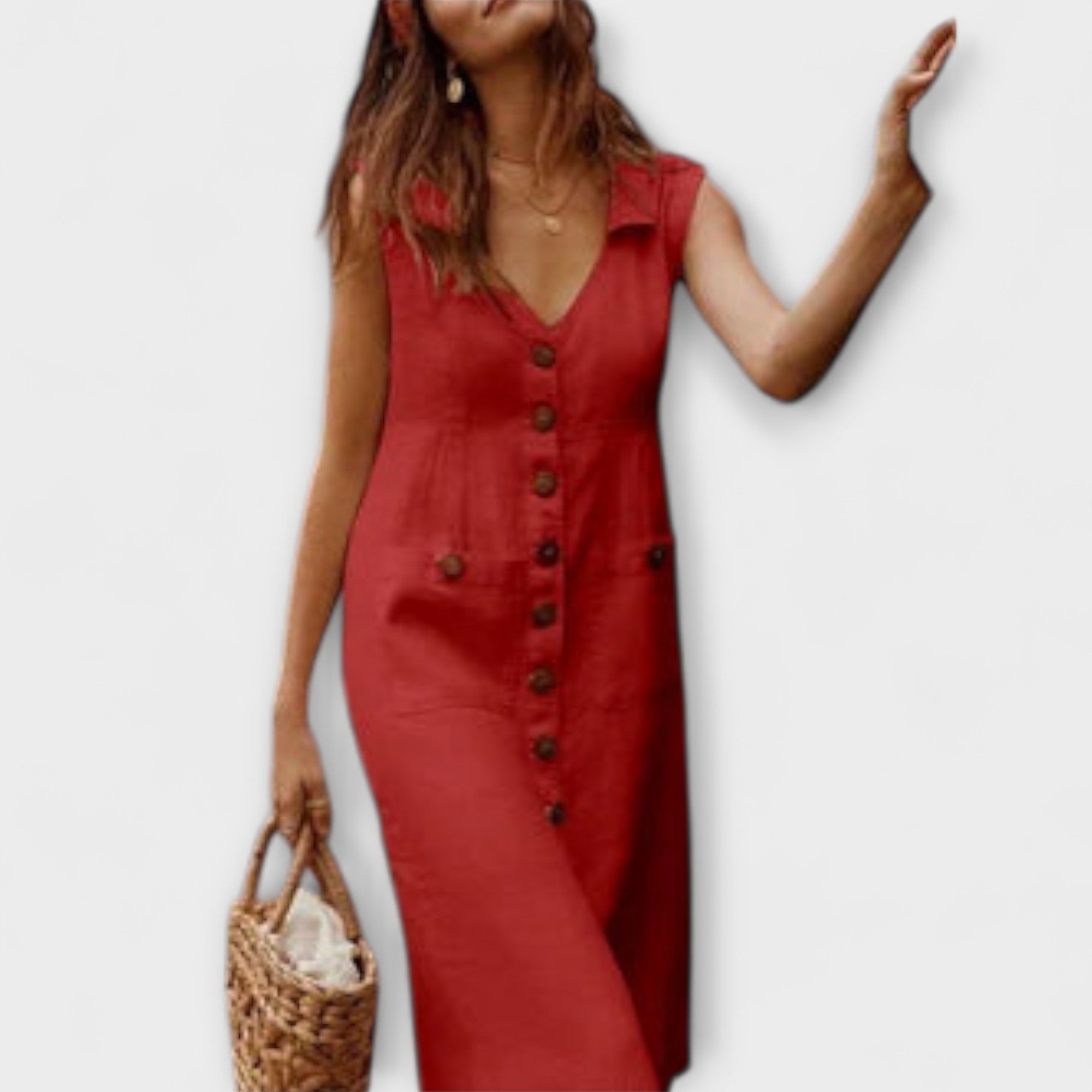 Women’s Knee-Length Cotton Linen Dress, Sleeveless, A-Line Fit, Turned-Down Collar, Pockets, Buckle Detail