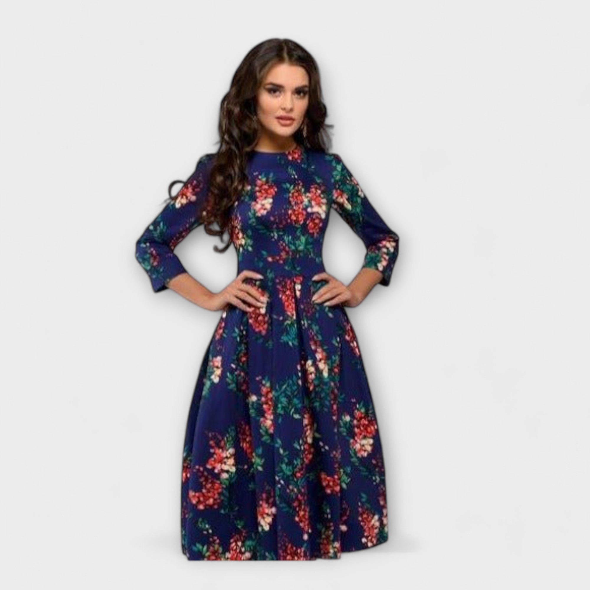 Women’s Knee-Length Dress, Floral & Dragonfly Print, Puff Sleeve, Round Neckline, Tailored Fit, High-Quality Fabric
