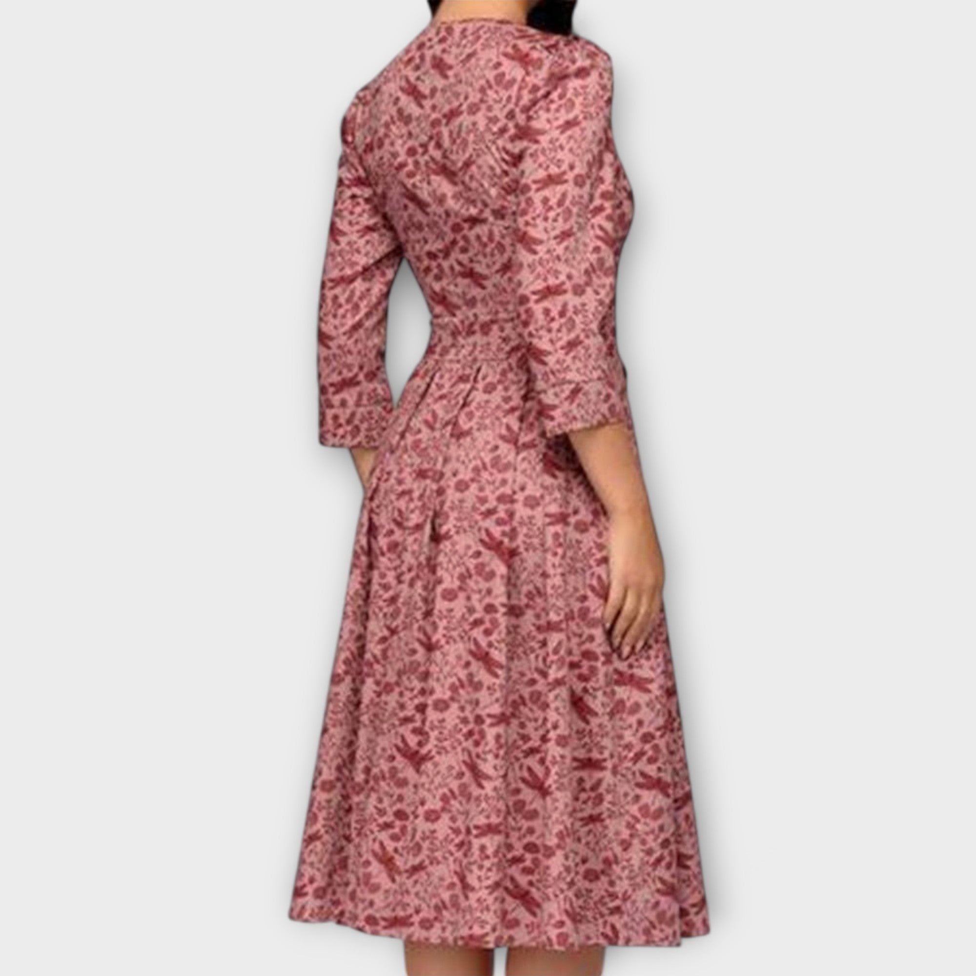 Women’s Knee-Length Dress, Floral & Dragonfly Print, Puff Sleeve, Round Neckline, Tailored Fit, High-Quality Fabric