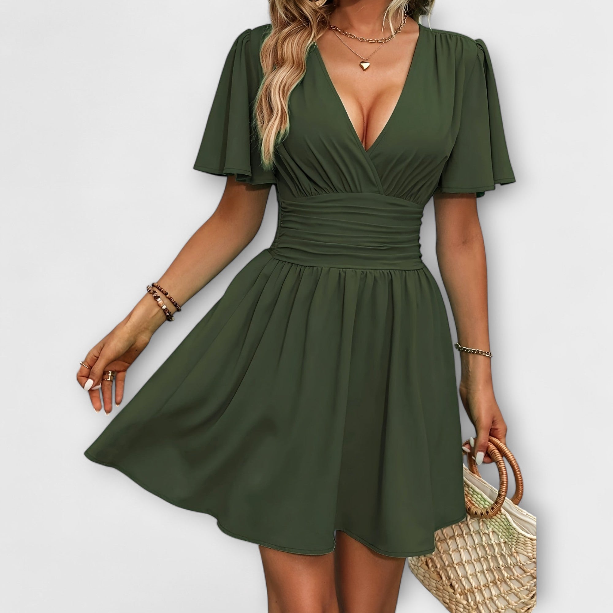 Women’s Knee-Length Dress, Sleeveless, V-Neck, Ruched Waist, Durable Fabric, Flattering Fit