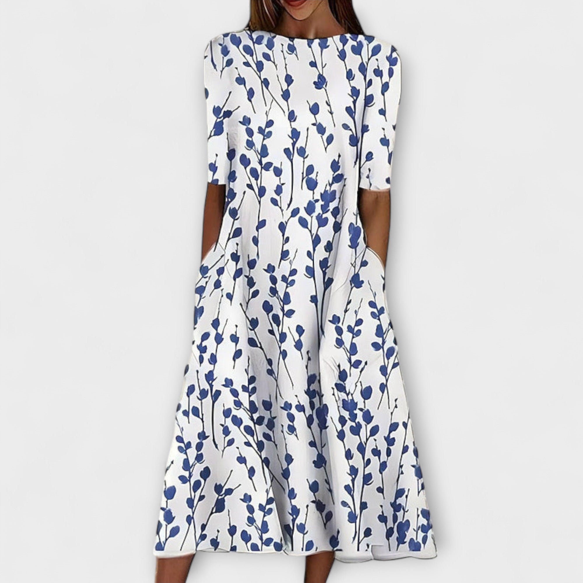 Women’s Knee-Length Floral Dress, Short Sleeve, Round Neckline, Relaxed Fit, Breathable Fabric