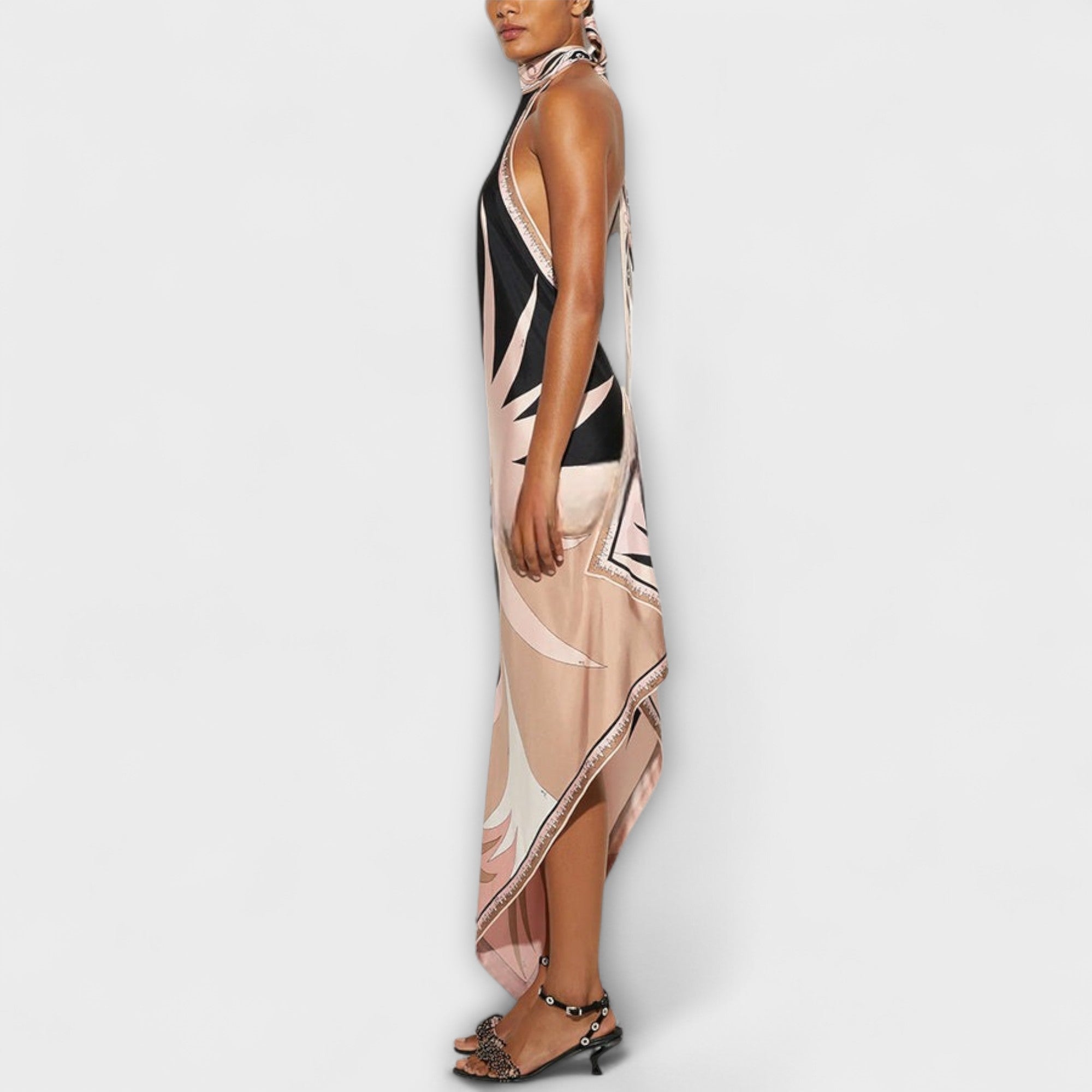 Women’s Knee-Length Satin Dress, Sleeveless, Halter Neck, Loose Fit