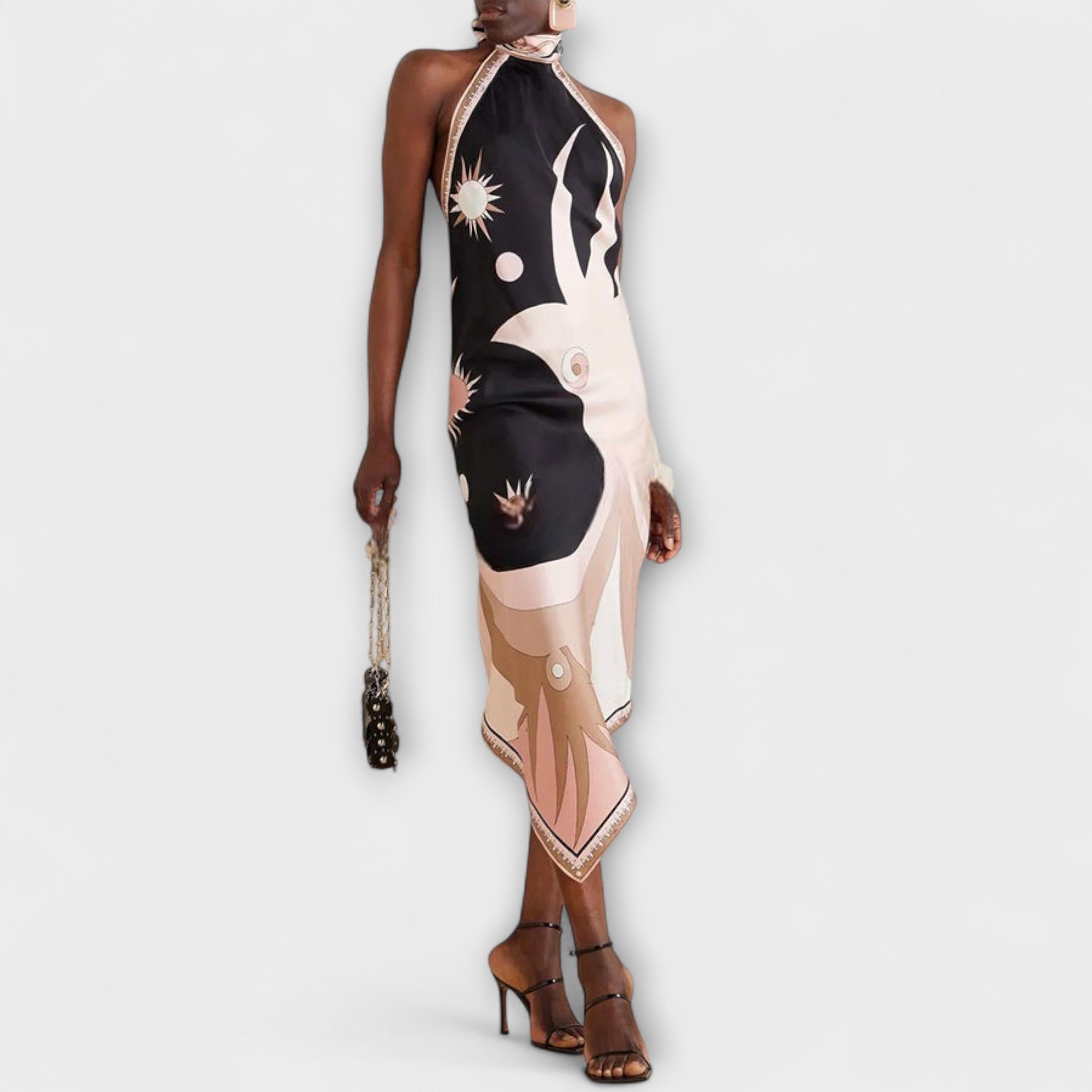 Women’s Knee-Length Satin Dress, Sleeveless, Halter Neck, Loose Fit