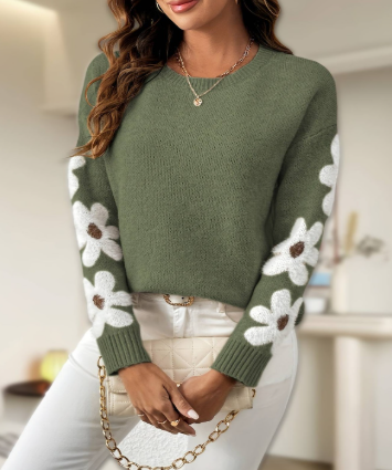 Women’s Knit Jumper, Soft Fabric, Floral Sleeve, Relaxed Tailored Fit