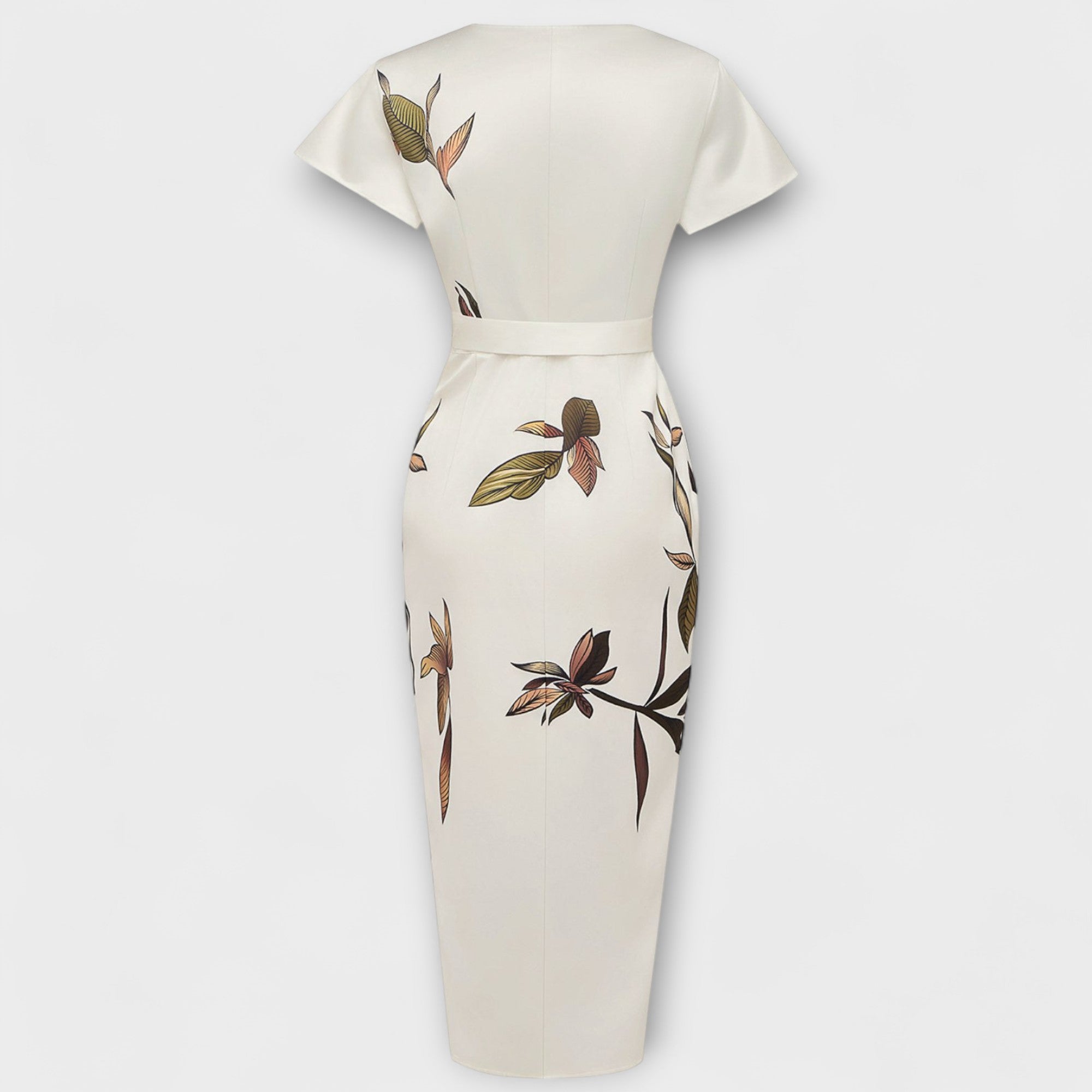 Women’s Leaf Print Sleeveless Midi Dress, V-Neckline, Regular Fit, Polyester, Adjustable Waist Tie, High Slit, Fully Lined