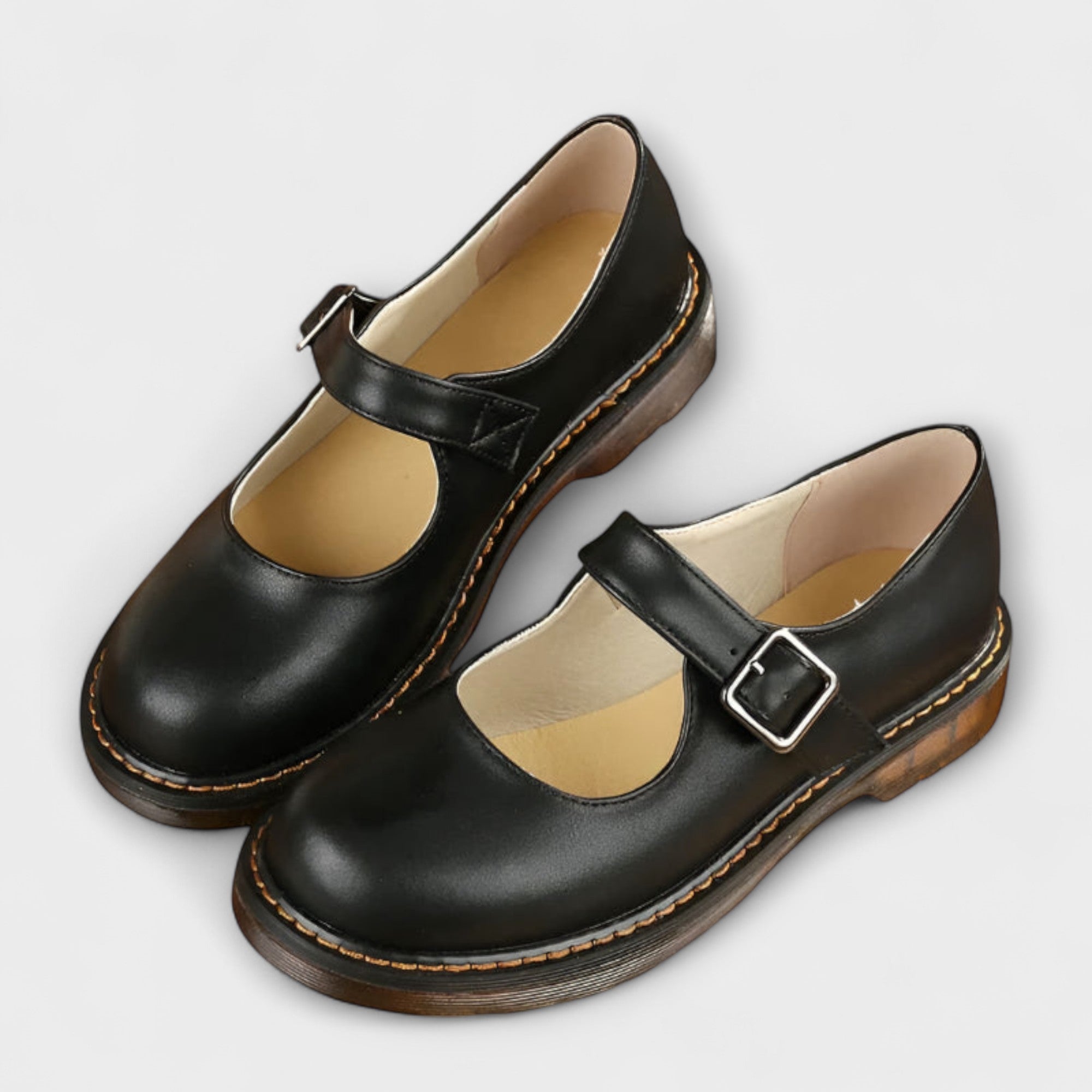 Women’s Leather Mary Jane Shoes, Rounded Toe, Adjustable Strap, Non-Slip Sole, Cushioned Insole, Contrasting Stitching