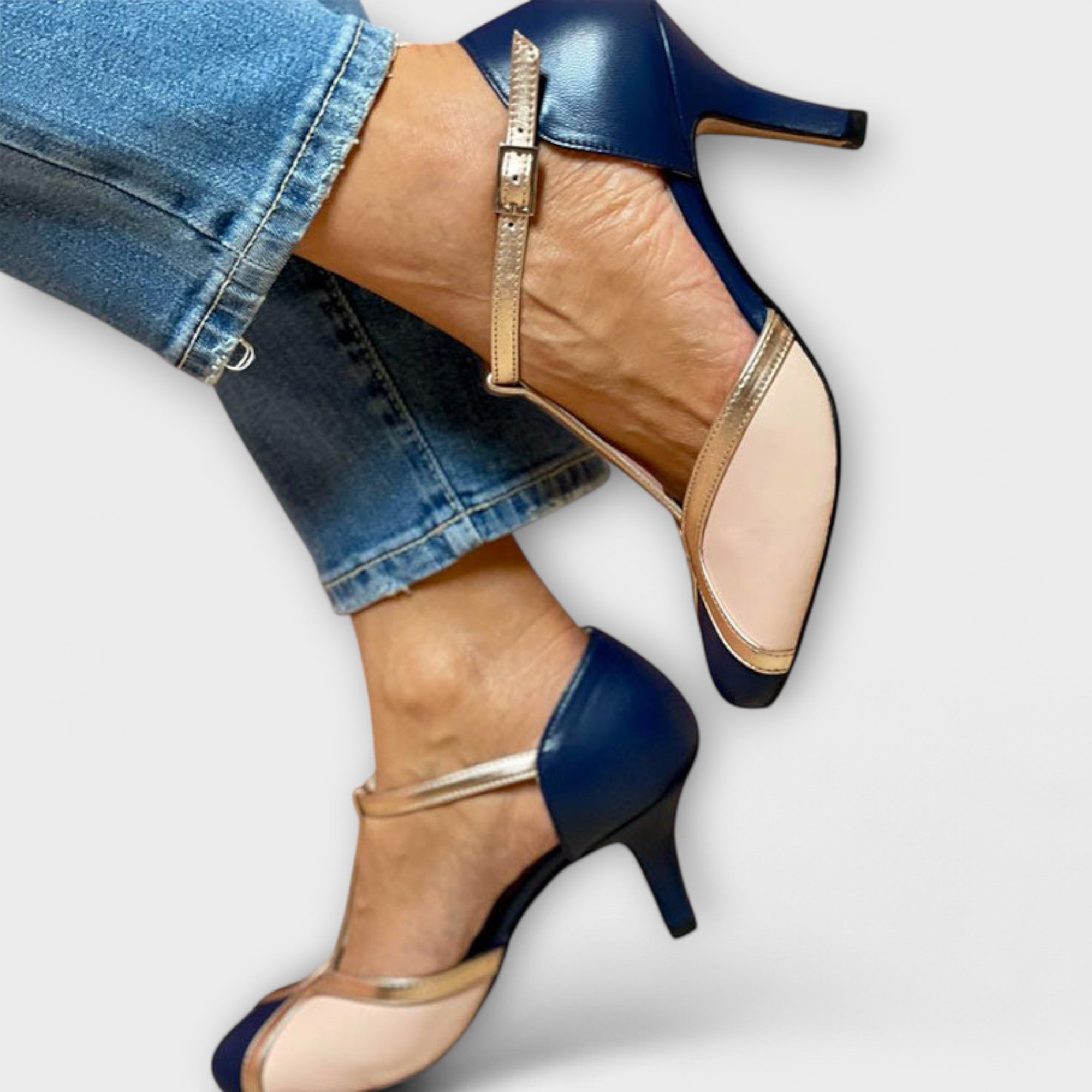 Women’s Leather T-Strap Heels, Navy Blue, Cushioned Insole, Conical Heel, Metallic Accents