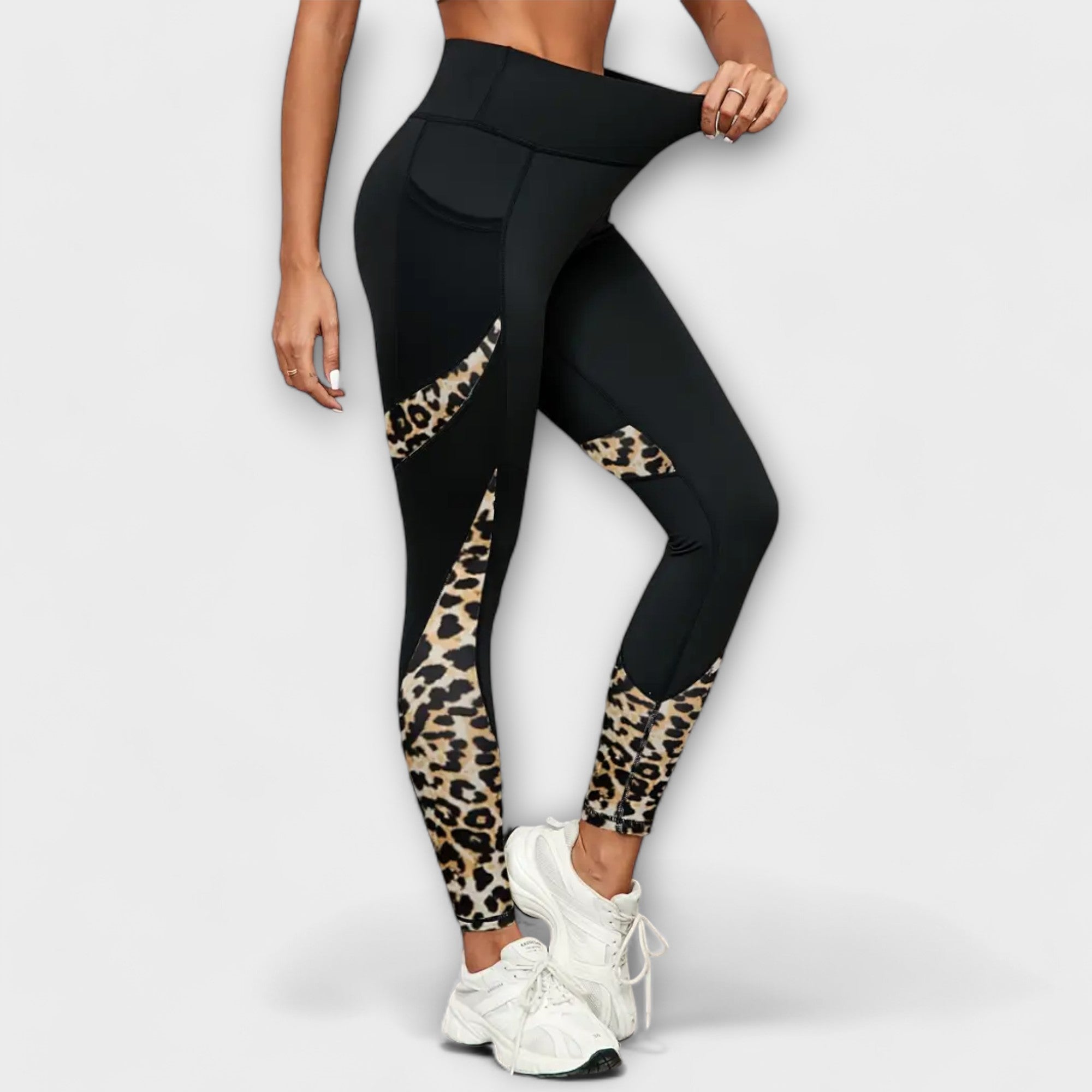 Women’s Leopard Print Ankle-Length Leggings, High Waist, Mesh Panels, Stretch Fabric, Integrated Pocket