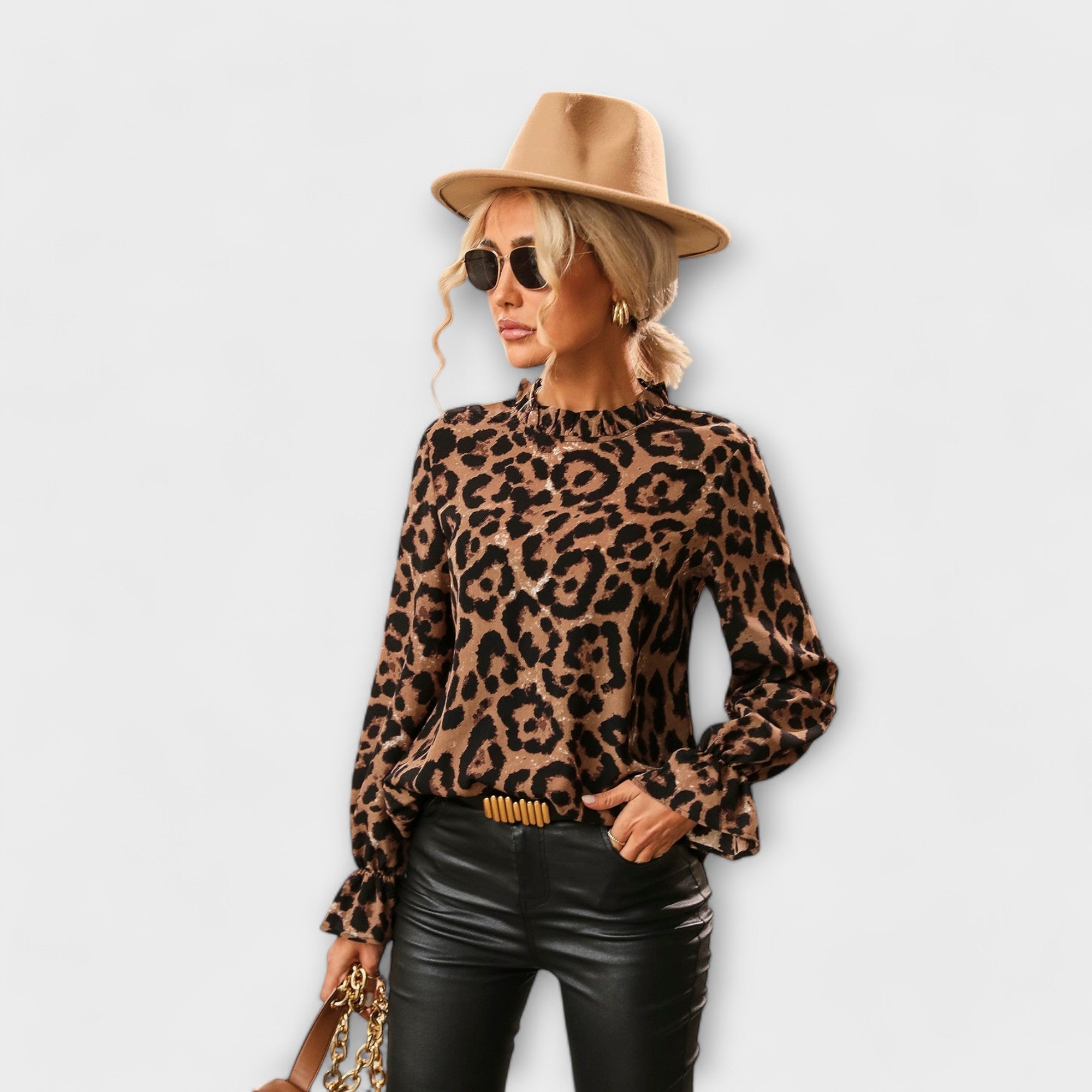 Women’s Leopard Print Blouse, Pleated Collar, Lightweight Breathable Fabric, Comfortable Fit