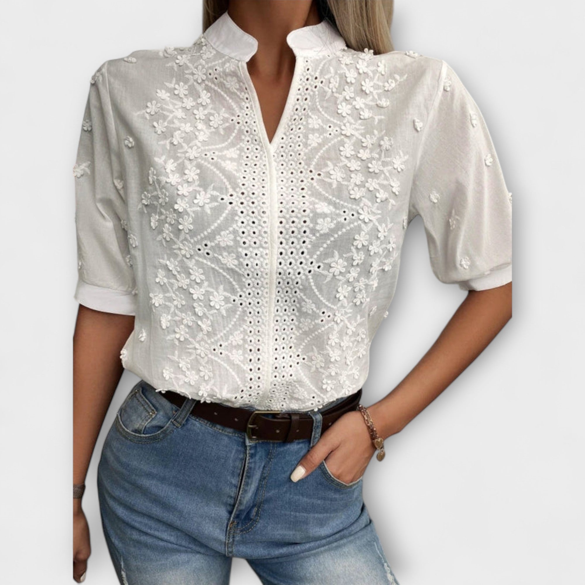 Women’s Lightweight Cotton Blend Blouse, Relaxed Fit, Puff Sleeves, Floral Embroidered Neckline