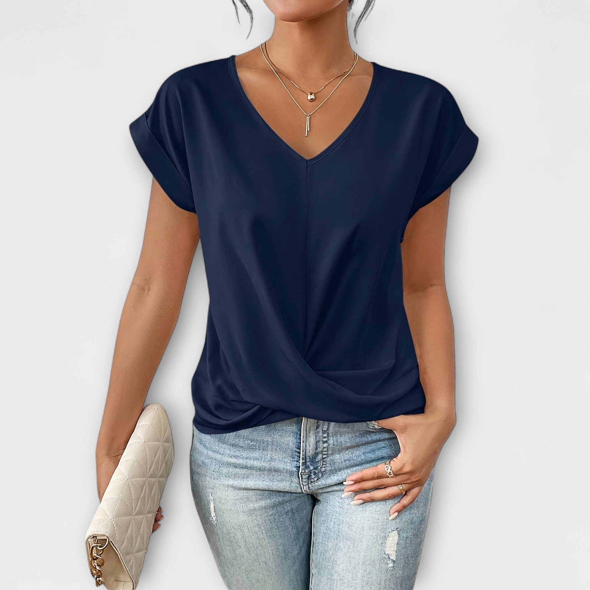 Women’s Lightweight V-Neck Top, Fluid Fit, Subtle Button Detail, Comfortable and Versatile