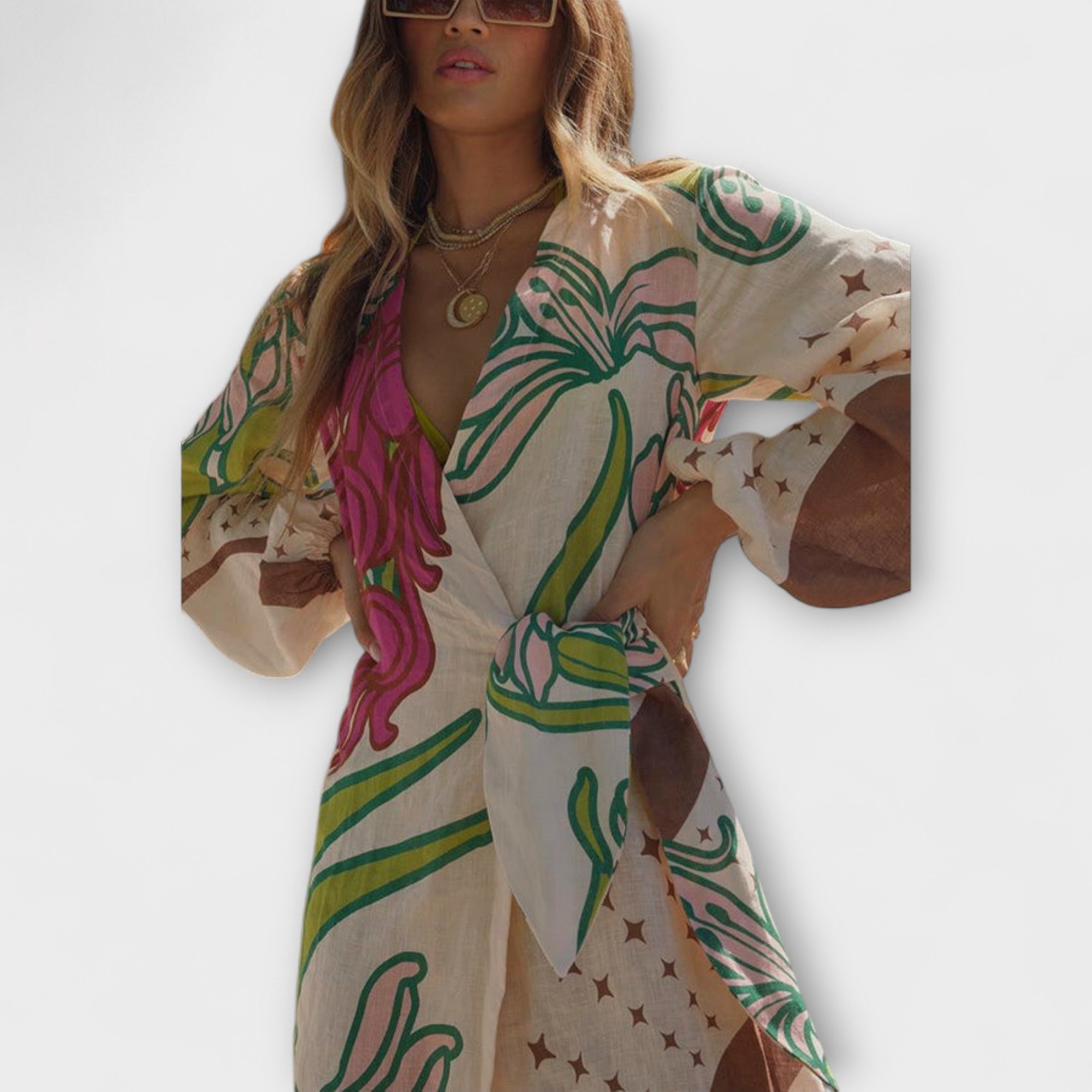 Women’s Linen Blend Ankle-Length Dress, Loose Fit, Balloon Sleeves, V-Neckline