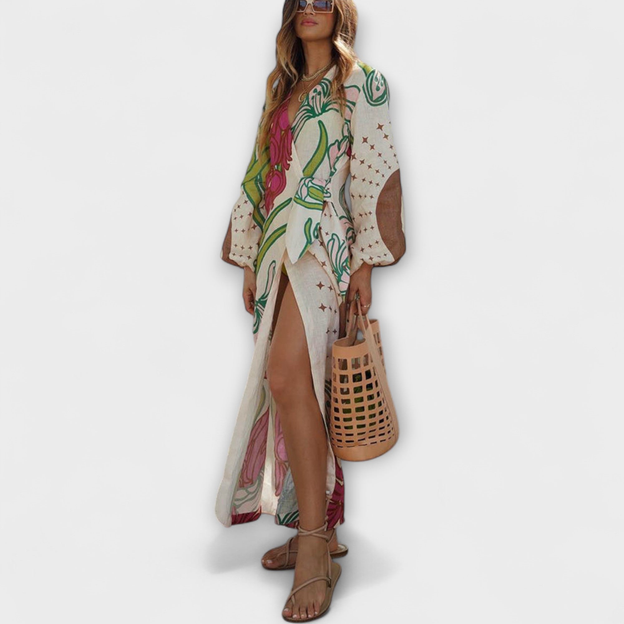 Women’s Linen Blend Ankle-Length Dress, Loose Fit, Balloon Sleeves, V-Neckline