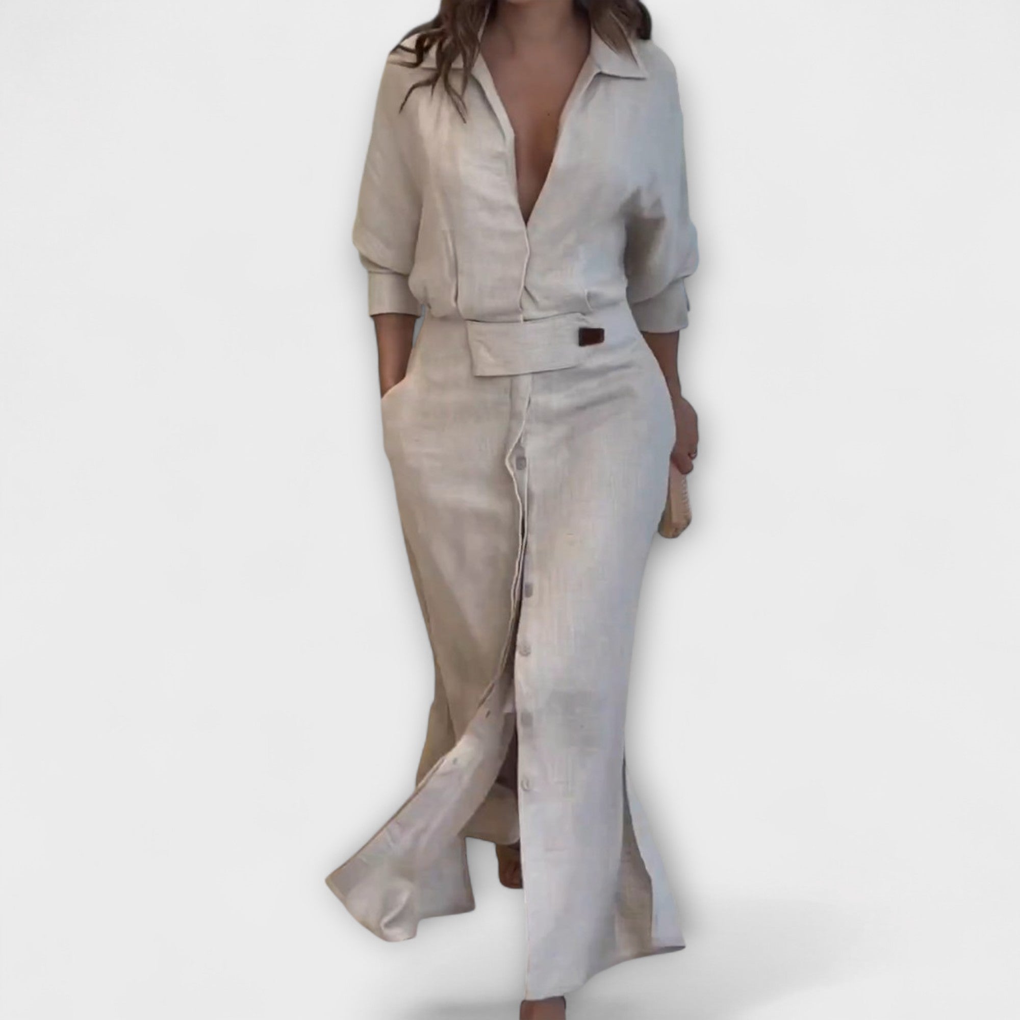 Women’s Linen Maxi Dress, Sleeveless, V-Neckline, Flowy Fit, Breathable Lightweight Fabric