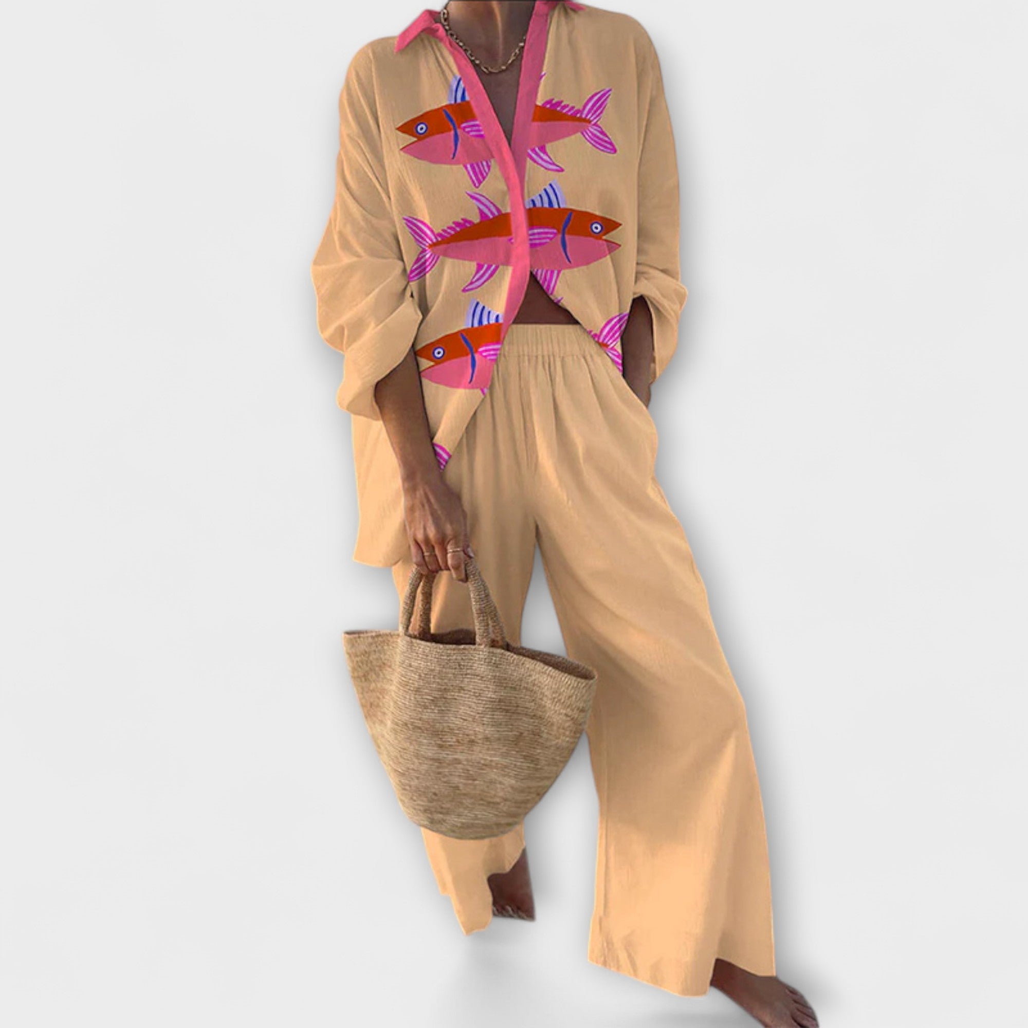 Women’s Linen Suit, Pink, Relaxed Fit, Two-Piece with Subtle Fish Motif