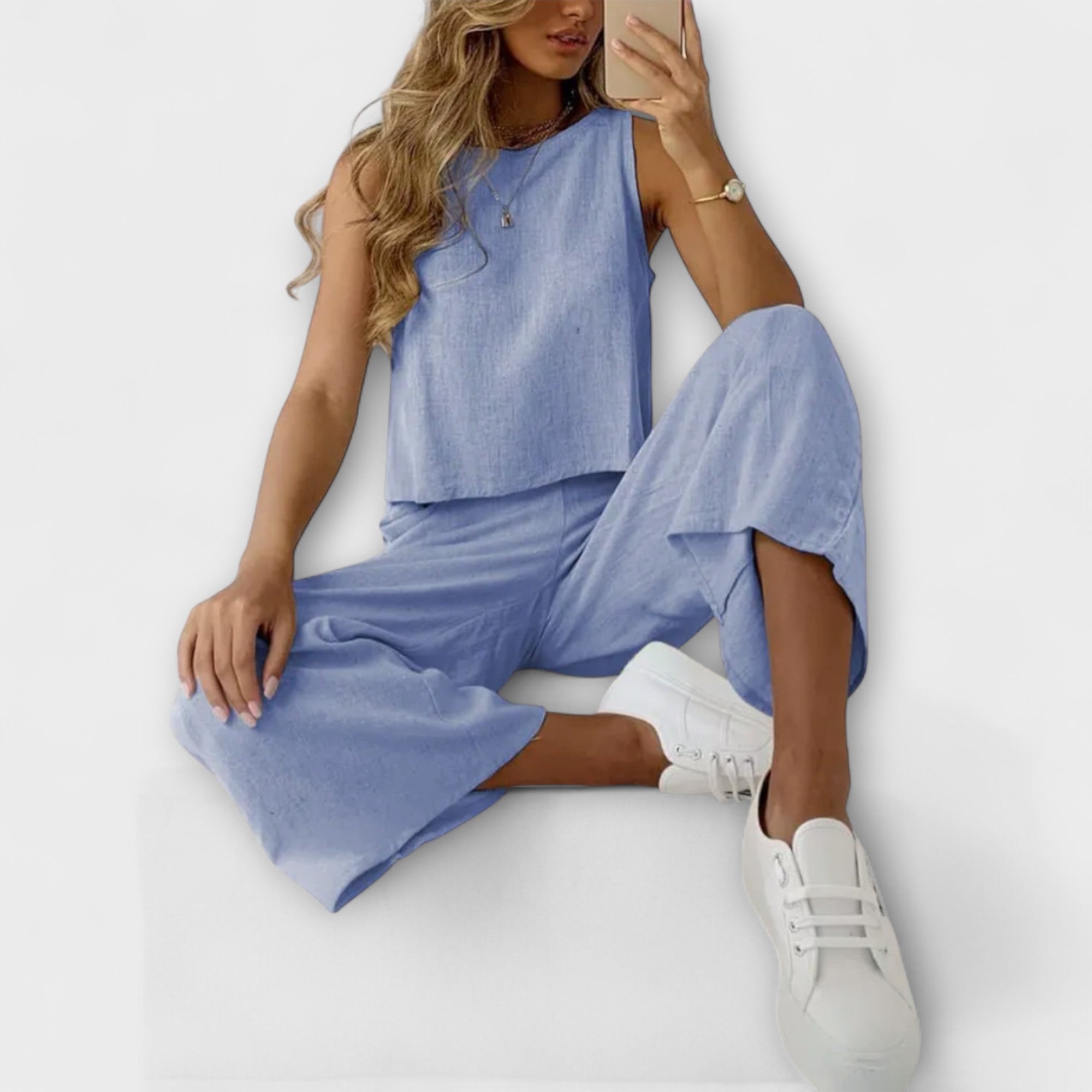 Women’s Linen Two-Piece Set, Breathable Top and Trousers, Soft, Versatile Fit