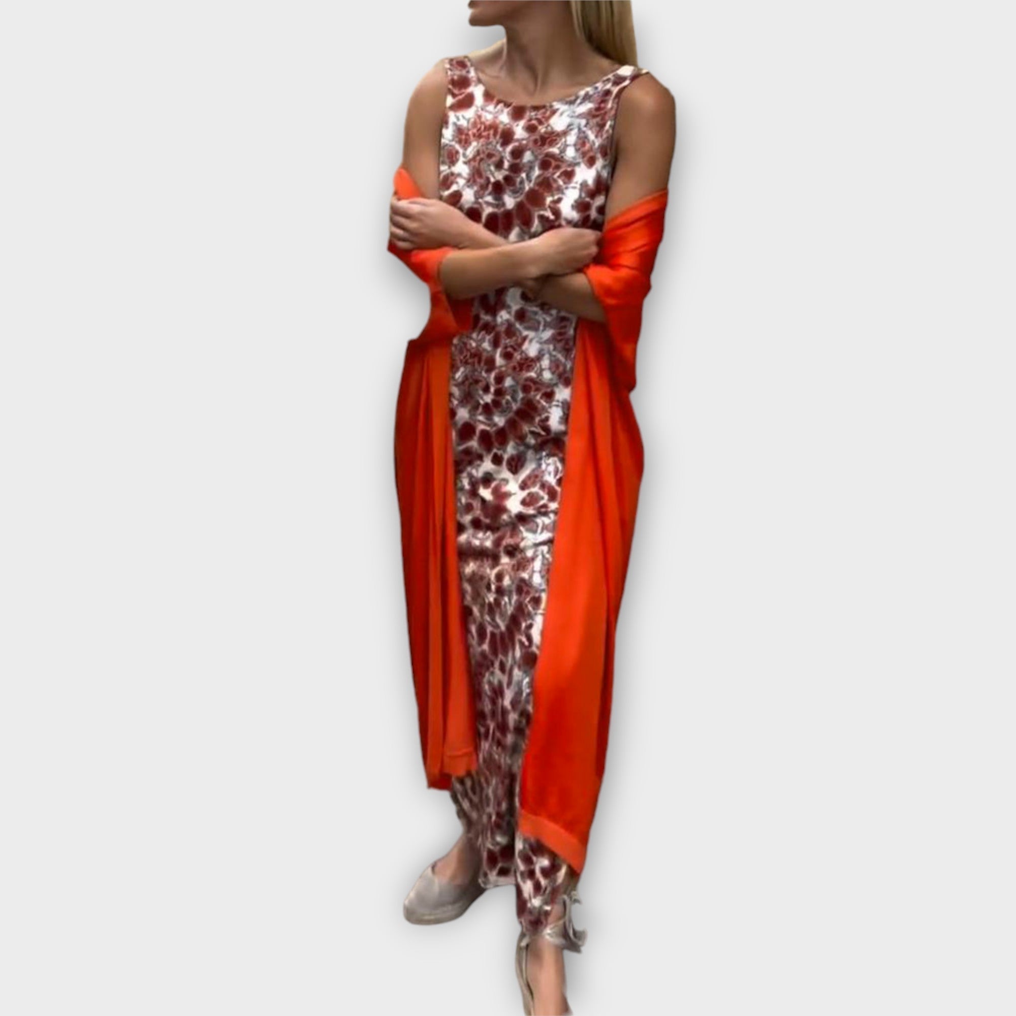 Women’s Long Dress Two-Piece Set, Three-Quarter Sleeve, Round Neckline, Lightweight, Comfortable Fit