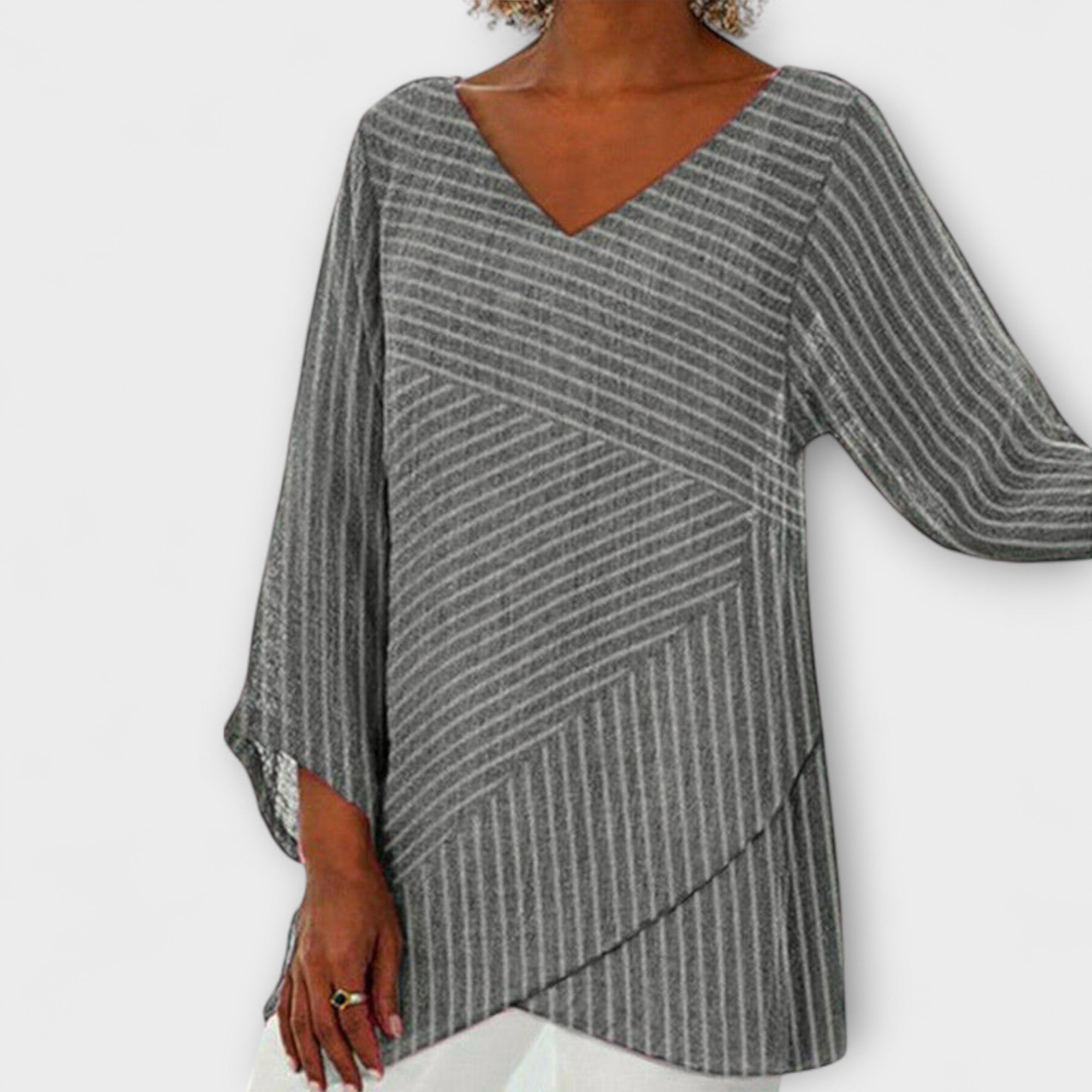 Women’s Long-Sleeve Top, V-Neck, Relaxed Fit, Asymmetrical Draped Hem, Diagonal Stripe Pattern