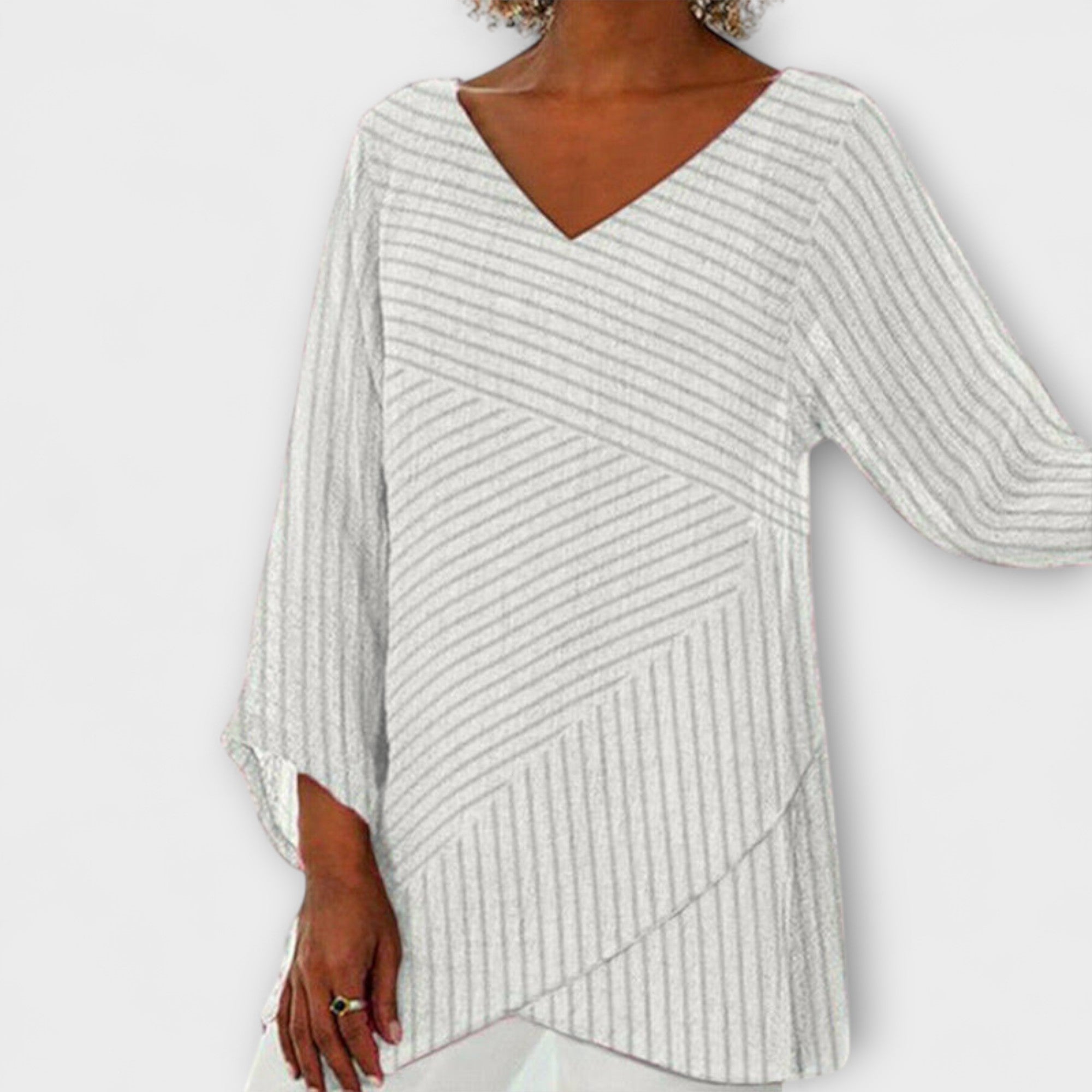 Women’s Long-Sleeve Top, V-Neck, Relaxed Fit, Asymmetrical Draped Hem, Diagonal Stripe Pattern