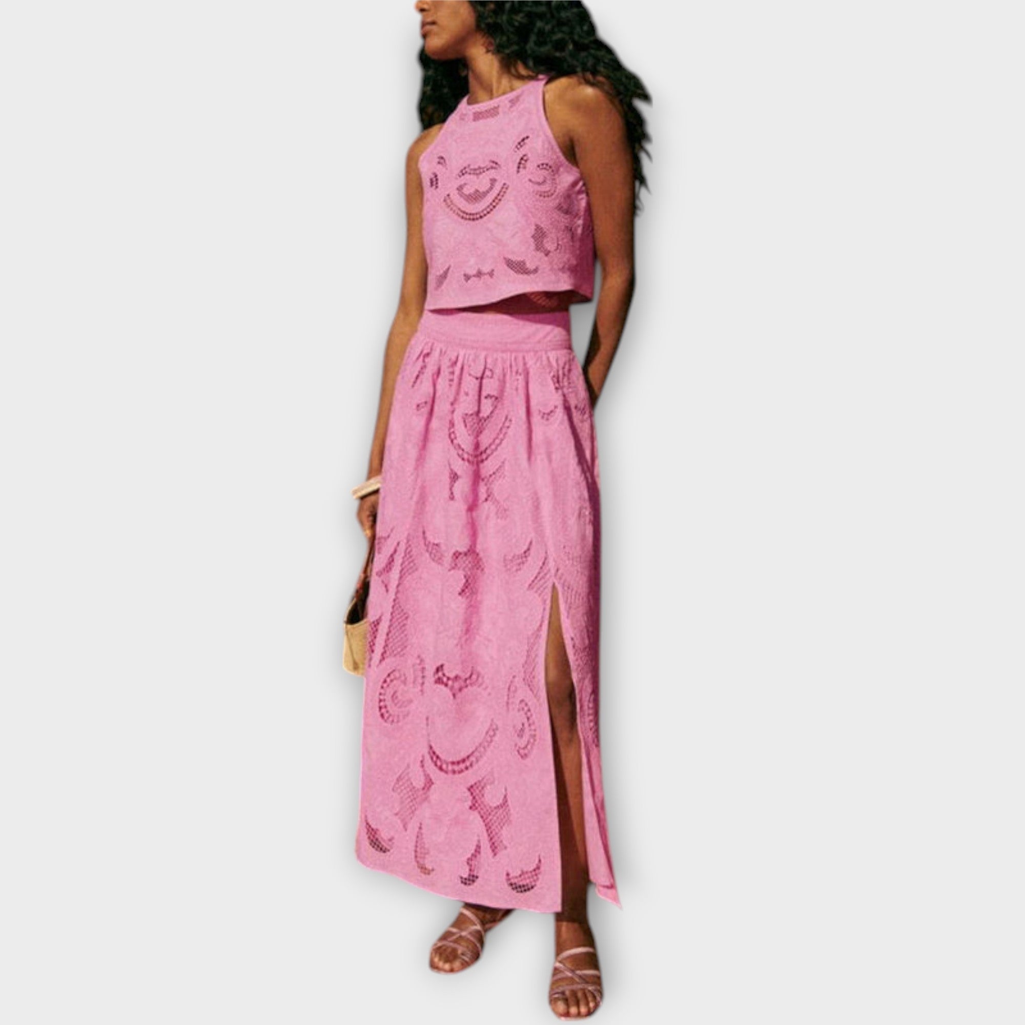 Women’s Maxi Dress, Ankle-Length, Sleeveless, Round Neckline, Tailored Fit, Lace with Cutout Embroidery