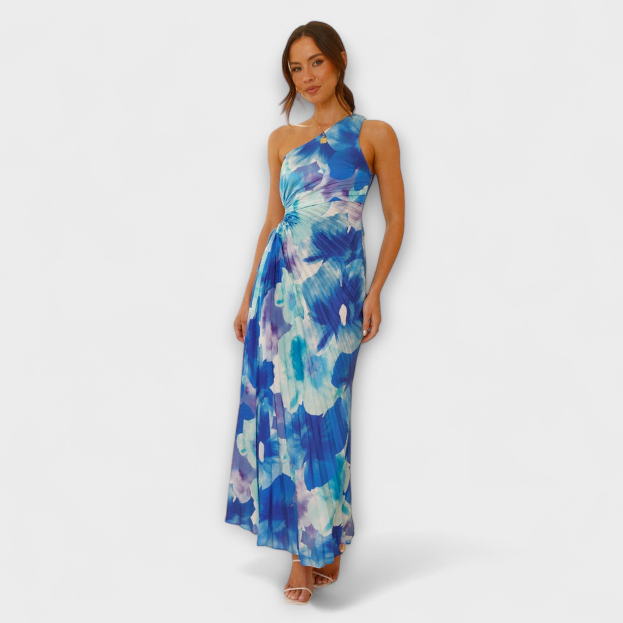Women’s Maxi Dress, Blue Floral Print, Sleeveless, Asymmetric Neckline, Fitted Waist, Chiffon Blend