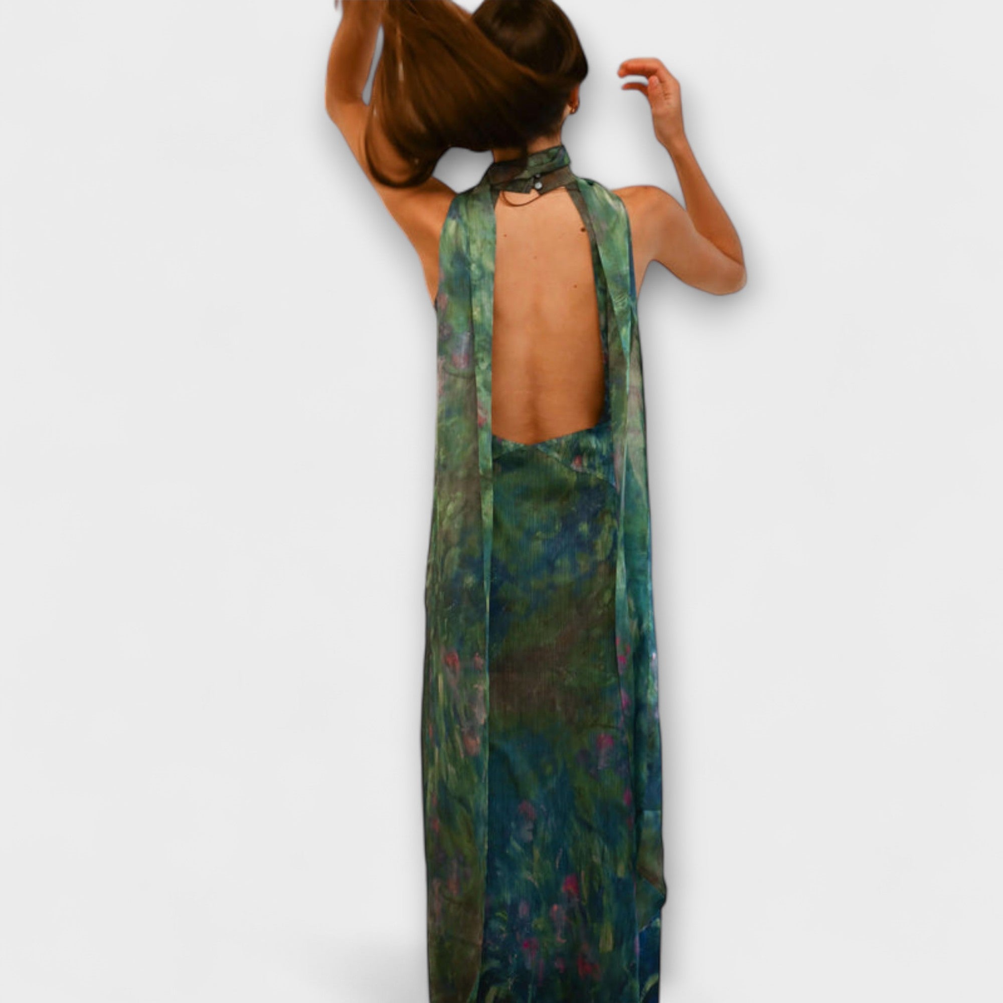 Women’s Maxi Dress, Blue Purple Green Impressionist Print, Sleeveless, High Neckline, Tailored Fit, Polyester Chiffon