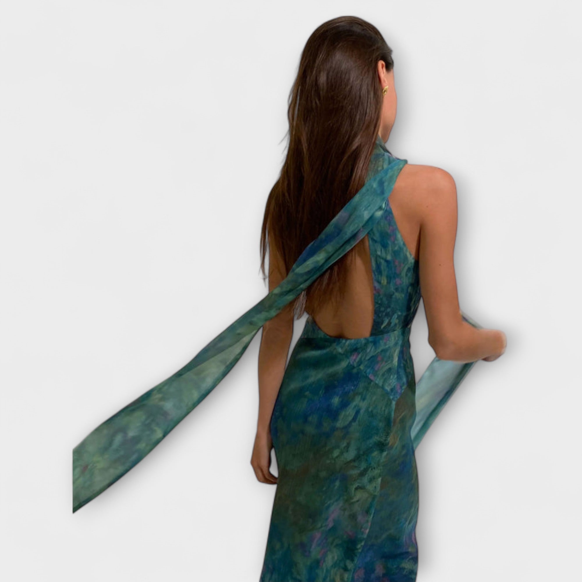 Women’s Maxi Dress, Blue Purple Green Impressionist Print, Sleeveless, High Neckline, Tailored Fit, Polyester Chiffon
