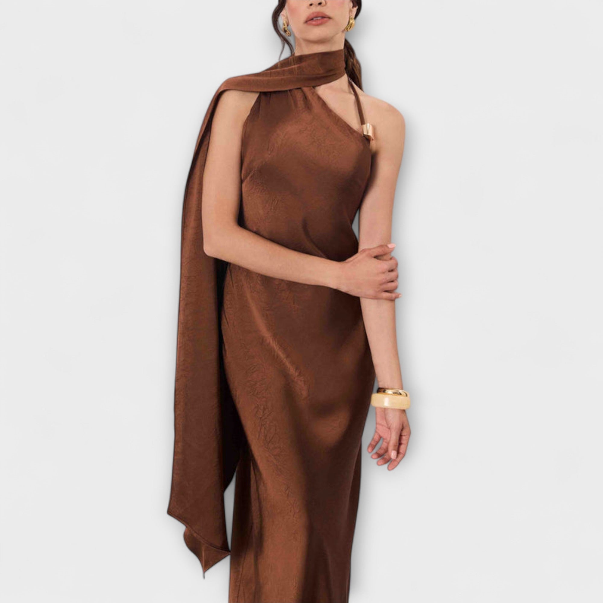 Women’s Maxi Dress, Bronze Satin, Sleeveless, Asymmetrical Neckline, Flowing Fit