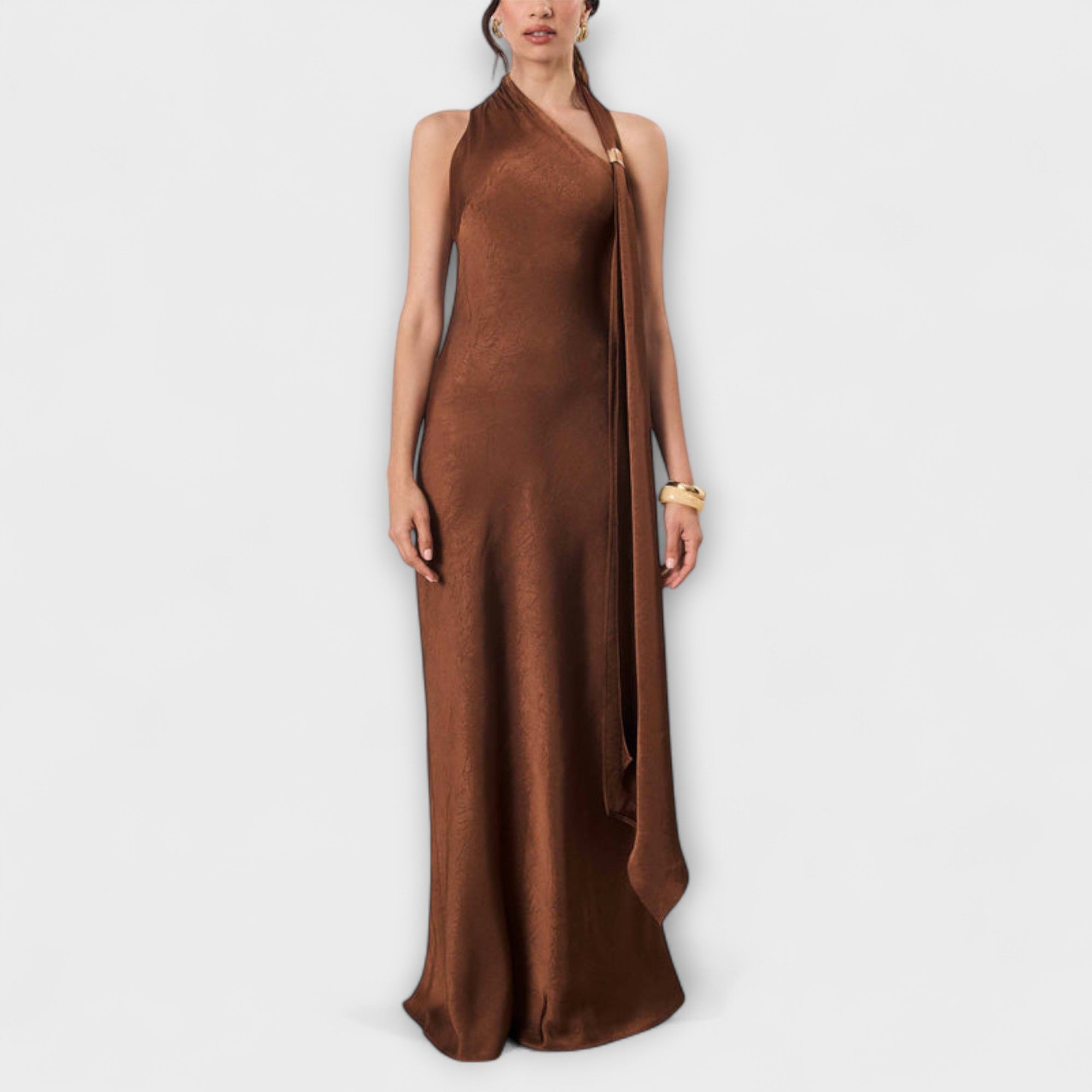 Women’s Maxi Dress, Bronze Satin, Sleeveless, Asymmetrical Neckline, Flowing Fit
