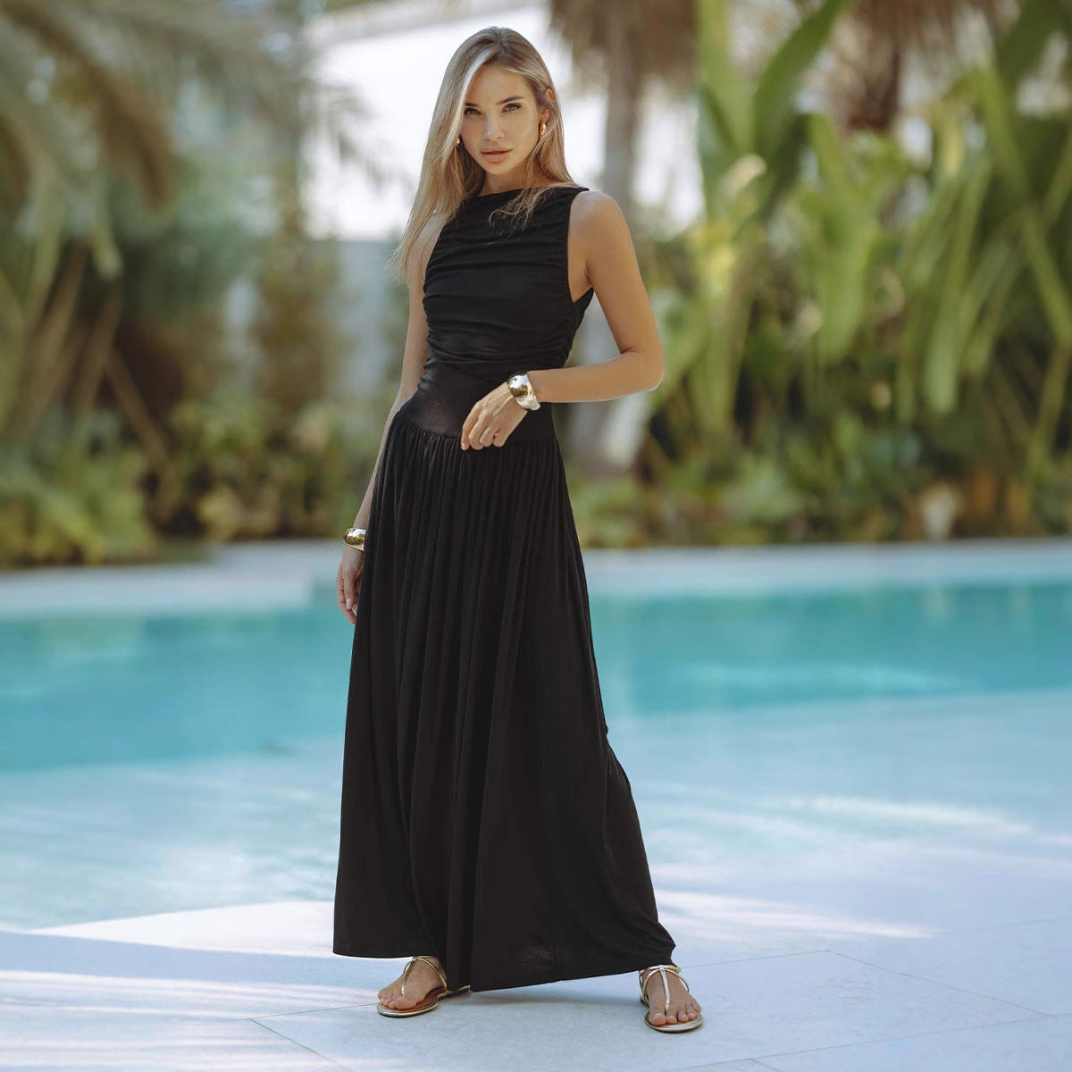 Women’s Maxi Dress, Cotton, Sleeveless, Round Neckline, Fitted Waist, Pleated Detail, Back Zipper Closure