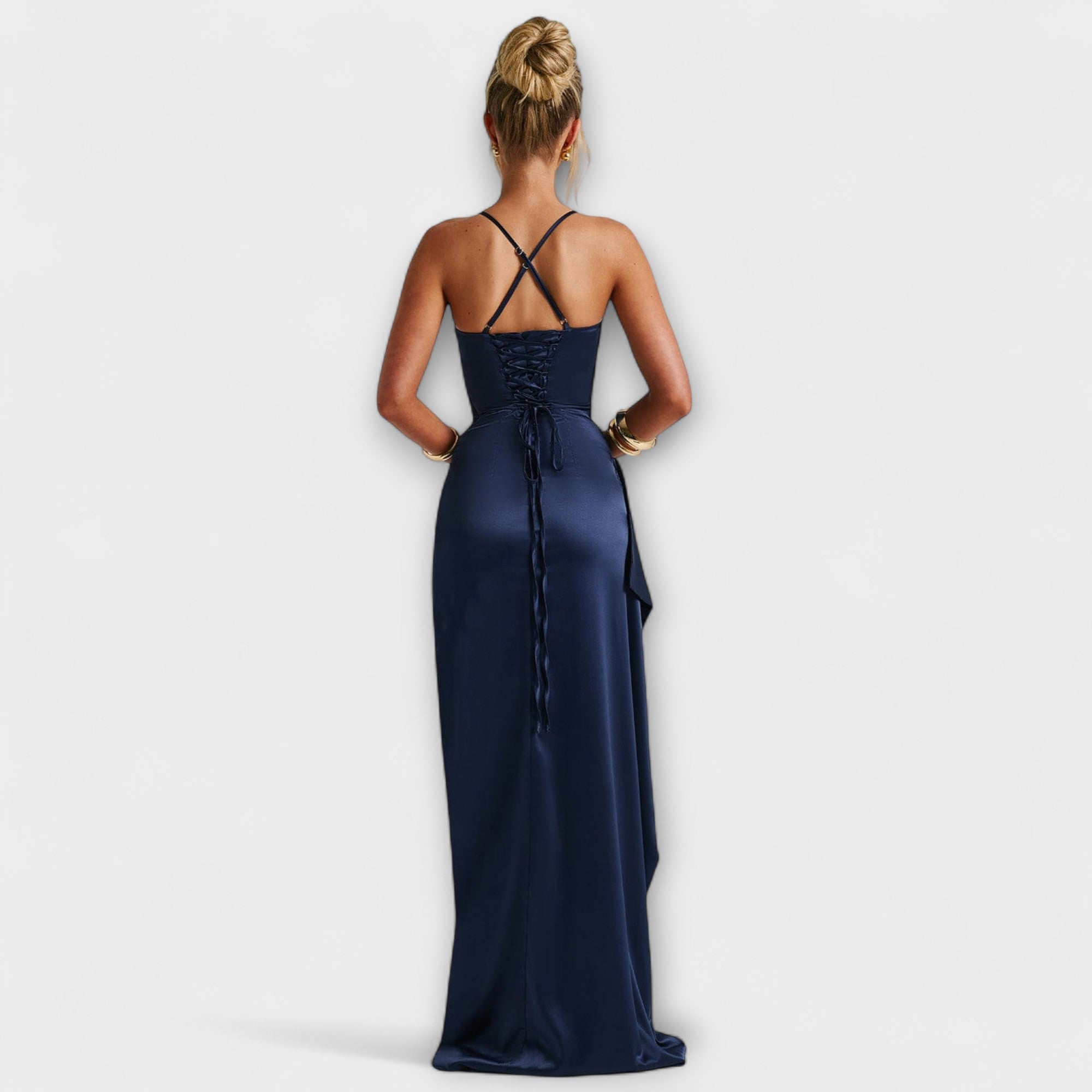 Women’s Maxi Dress, Deep Navy Velvet Satin, Sleeveless, Heart Neckline, Flowing Fit, Thigh-Slit