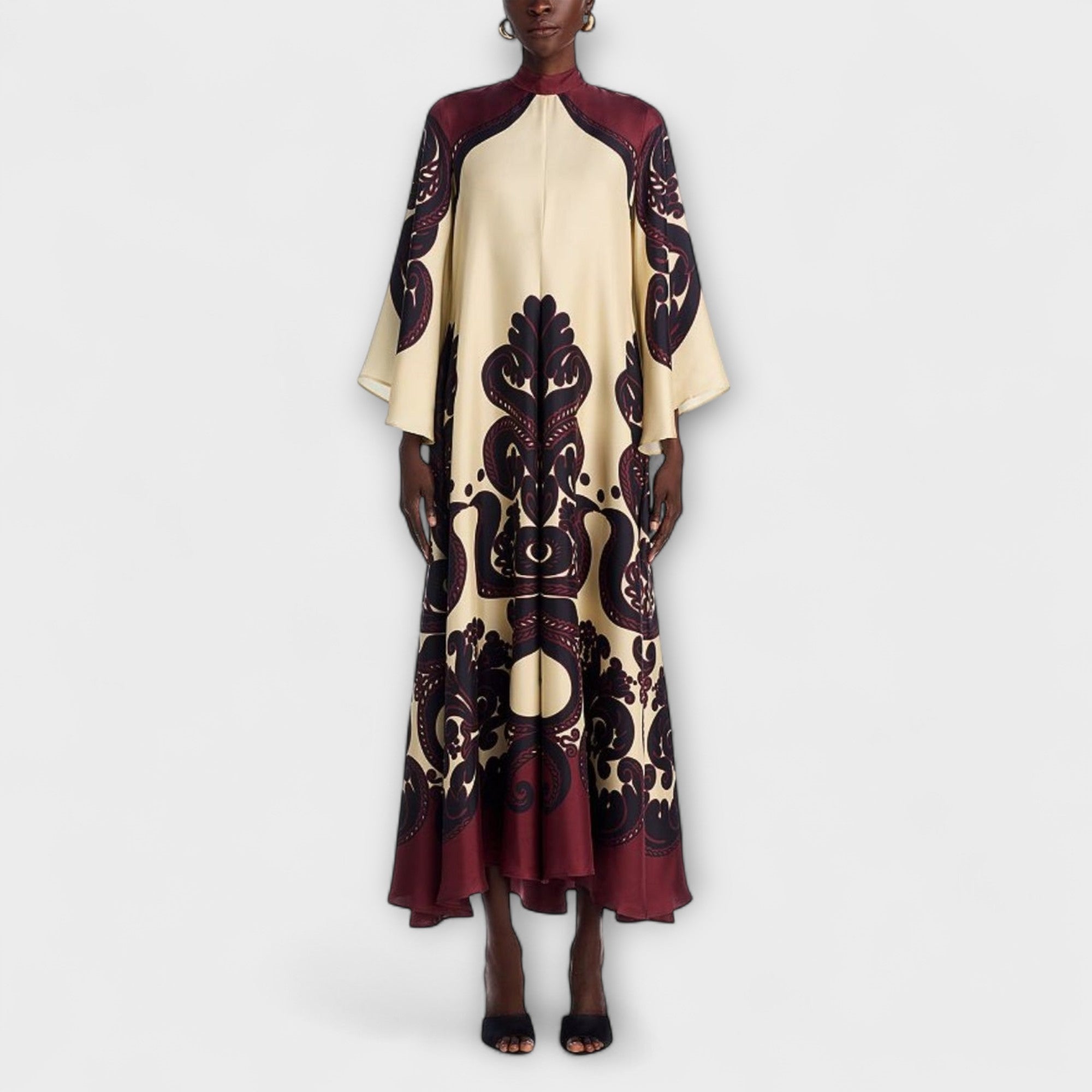 Women’s Maxi Dress, Ethnic Print, Long Sleeve, Round Neckline, Loose Fit, Polyester