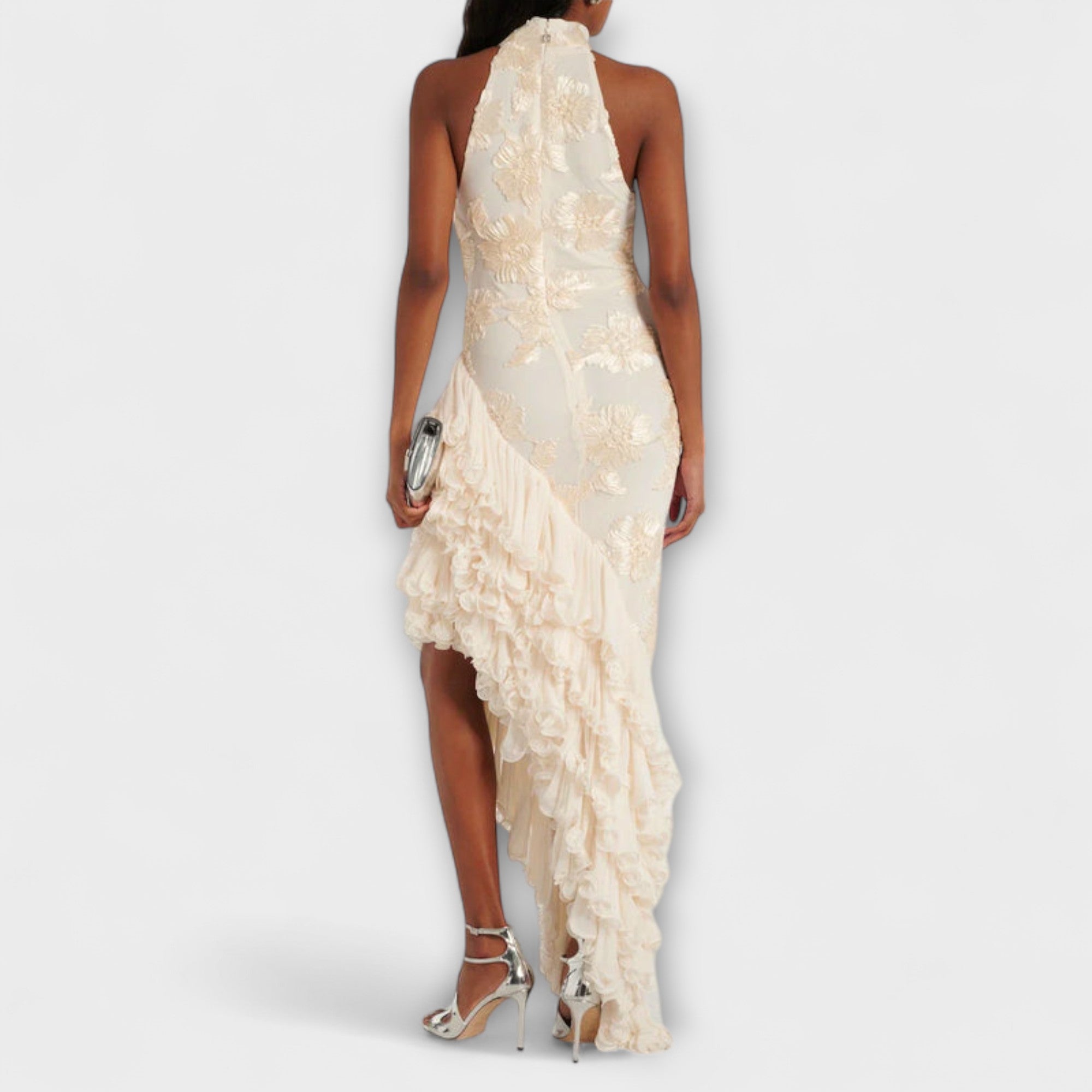 Women’s Maxi Dress, Floor-Length, Sleeveless, 3D Floral Appliqués, Back Zip Closure