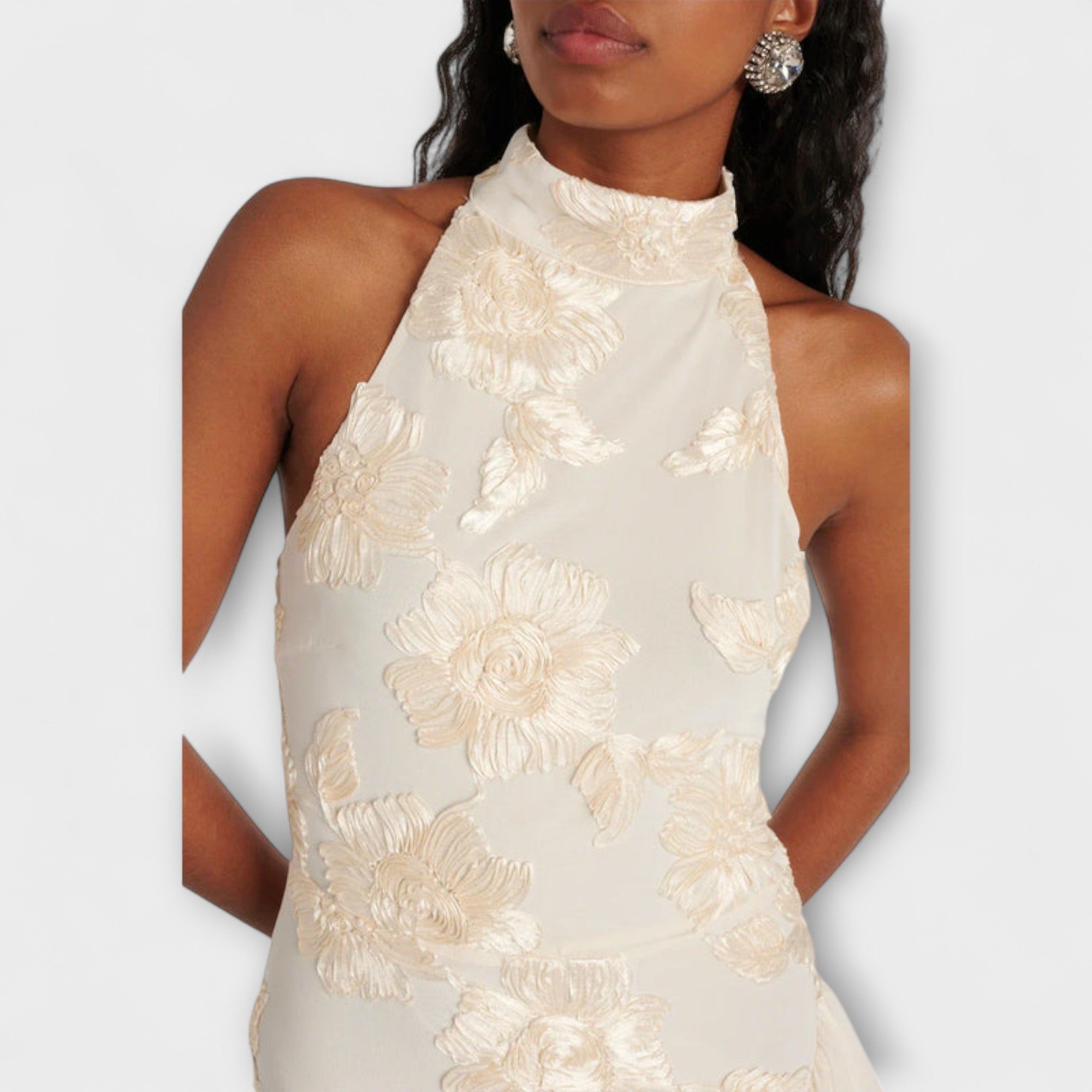 Women’s Maxi Dress, Floor-Length, Sleeveless, 3D Floral Appliqués, Back Zip Closure