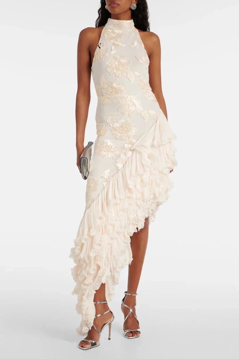 Women’s Maxi Dress, Floor-Length, Sleeveless, 3D Floral Appliqués, Back Zip Closure