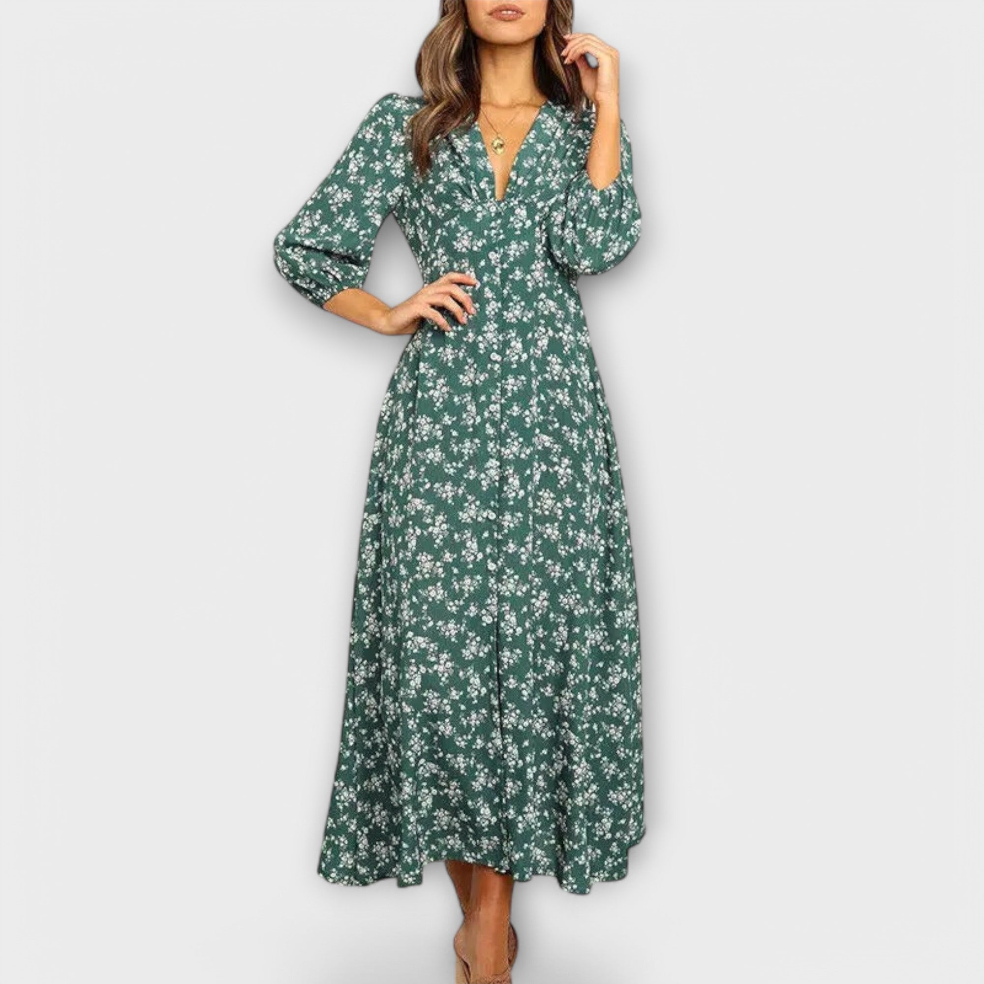 Women’s Maxi Dress, Floral Pattern, 3/4 Sleeve, V-Neck, High Waist, Flowing Fabric