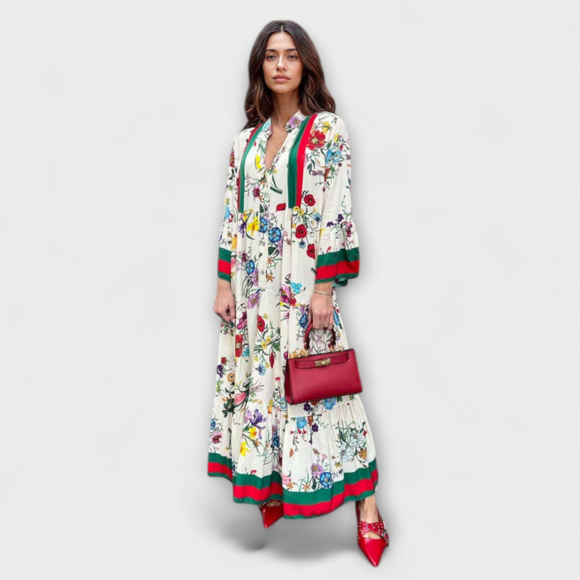 Women’s Maxi Dress, Floral Print, Flowing Bell Sleeves, Relaxed Fit, Lightweight Fabric