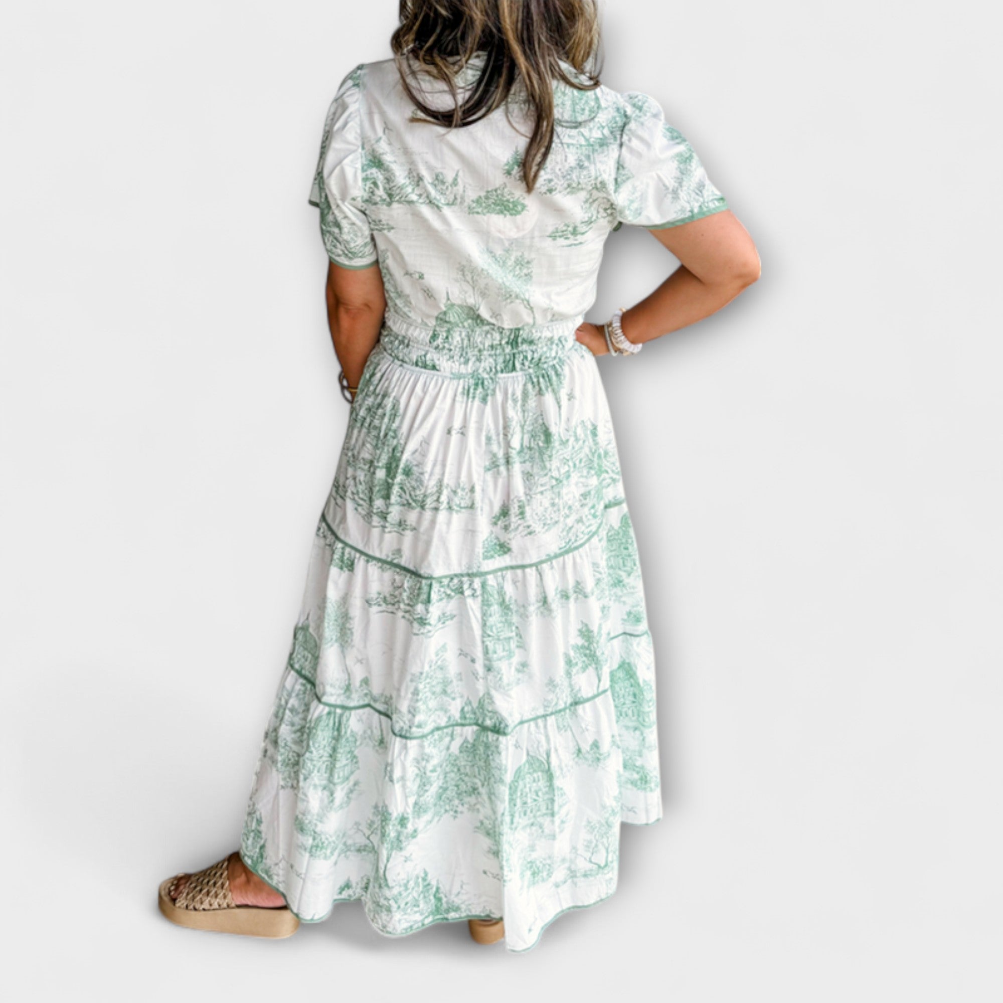 Women’s Maxi Dress, Green Toile Print, V-Neck, Short Sleeve, Gathered Waist, Polyester Spandex