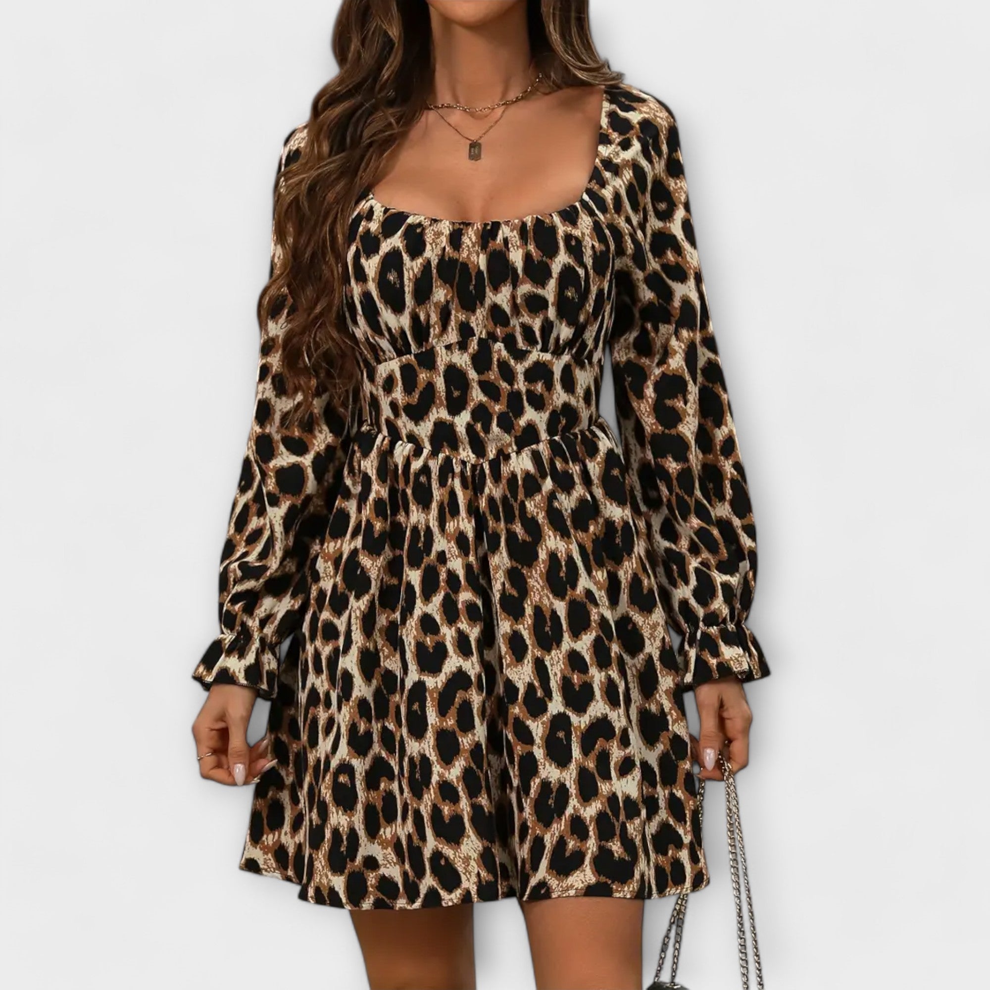Women’s Maxi Dress, Leopard Print, Long Sleeves, Square Neckline, Ruffle Detail, A-Line Fit