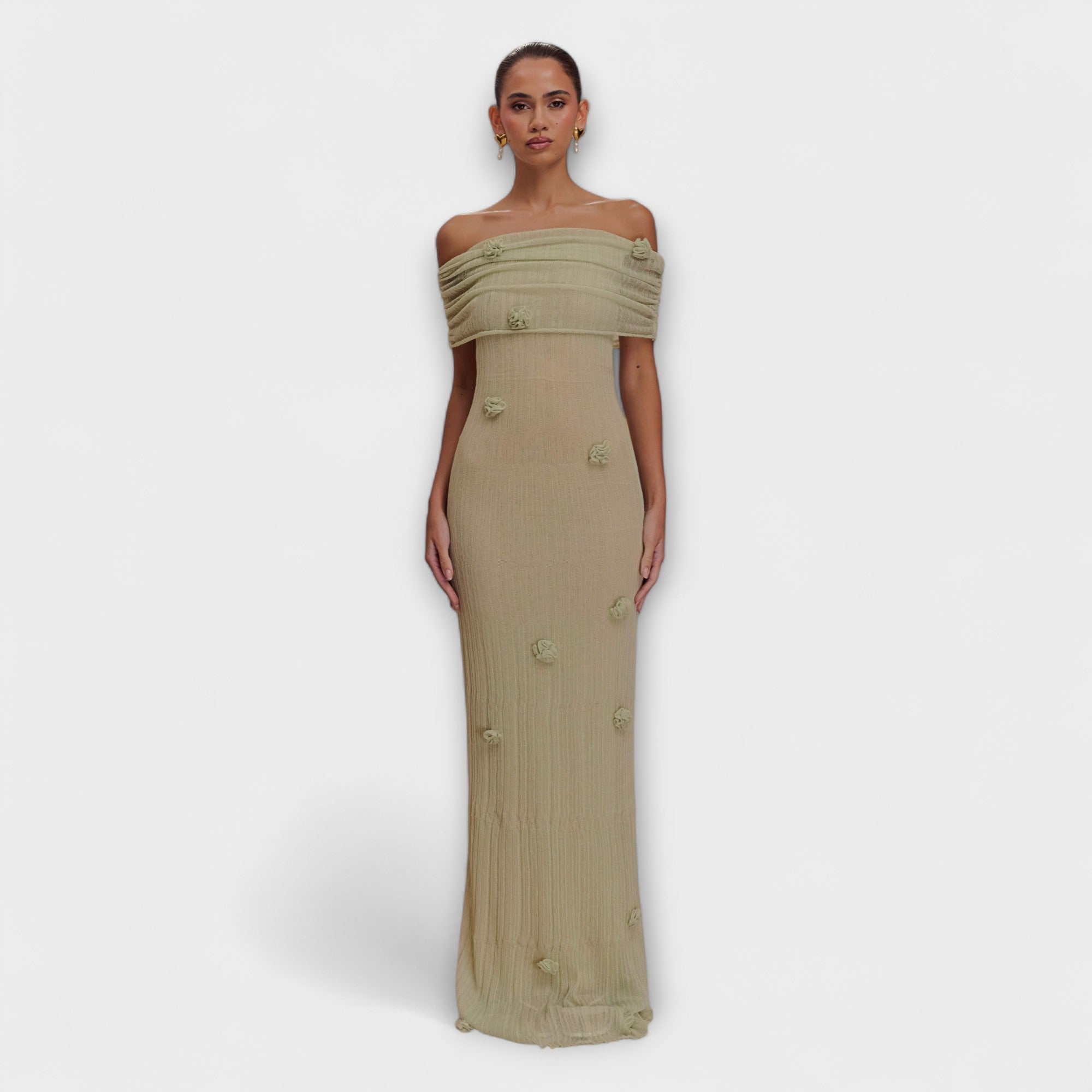 Women’s Maxi Dress, Light Green Knit, Off-the-Shoulder Neckline, Fitted Fishtail Silhouette