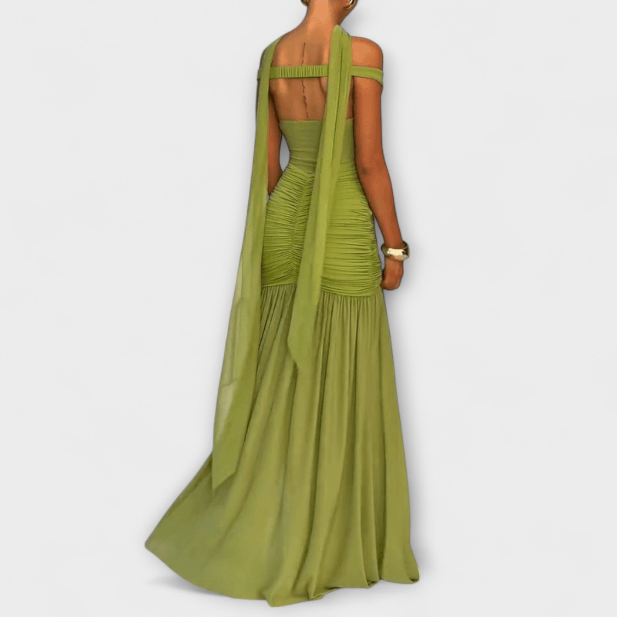 Women’s Maxi Dress, Olive Green, Sleeveless, Deep V-Neck, Cross-Back Straps, Ruching, High Slit, Slinky Fabric, Fitted