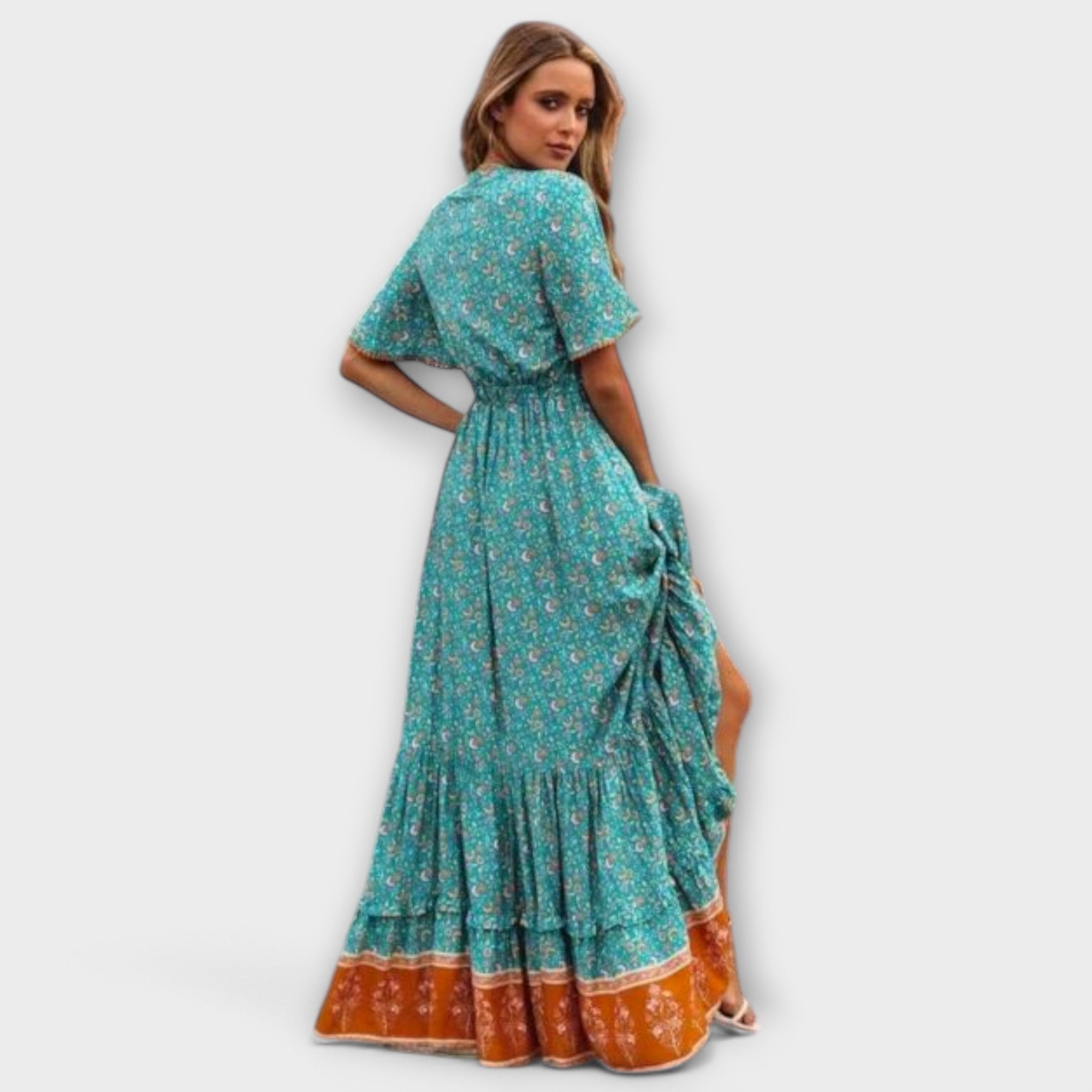 Women’s Maxi Dress, Orange Floral Pattern, Short Sleeve, Relaxed Fit, Lightweight Fabric, High Slit, Contrasting Trim