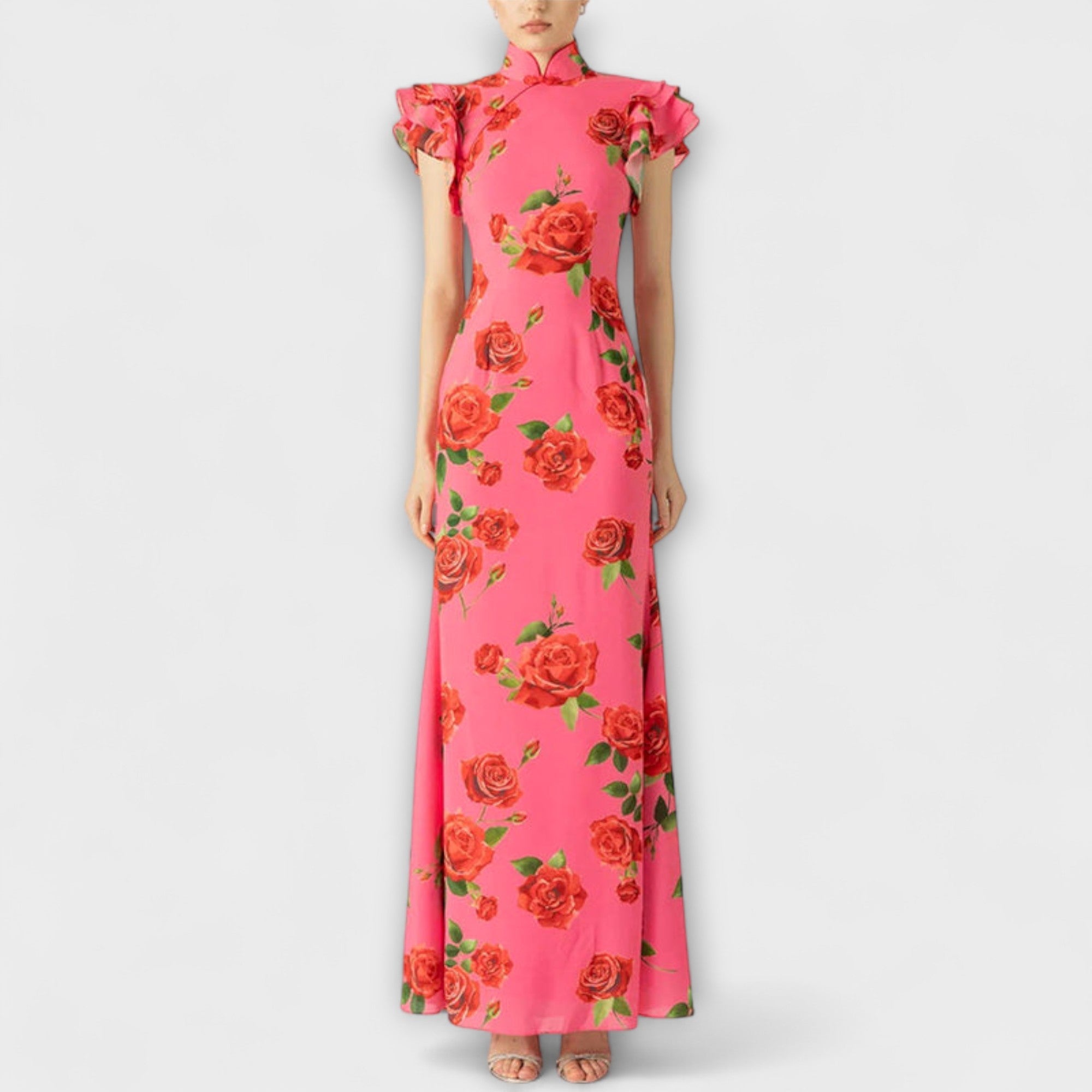 Women’s Maxi Dress, Rose Print, Soft Stretch Fabric, Layered Bell Sleeves, Mandarin Collar, Flared Fit