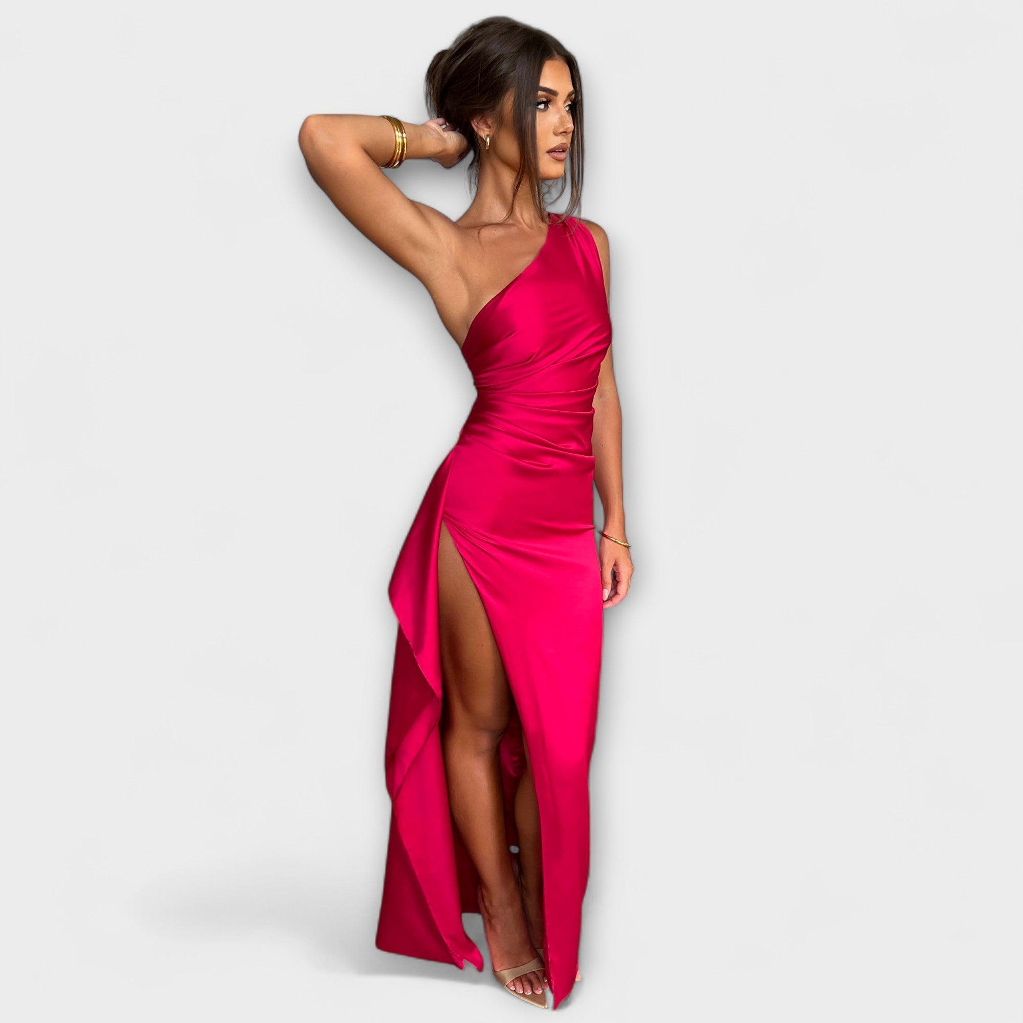 Women’s Maxi Dress, Satin Blend, Sleeveless, One-Shoulder Neckline, Fitted Silhouette