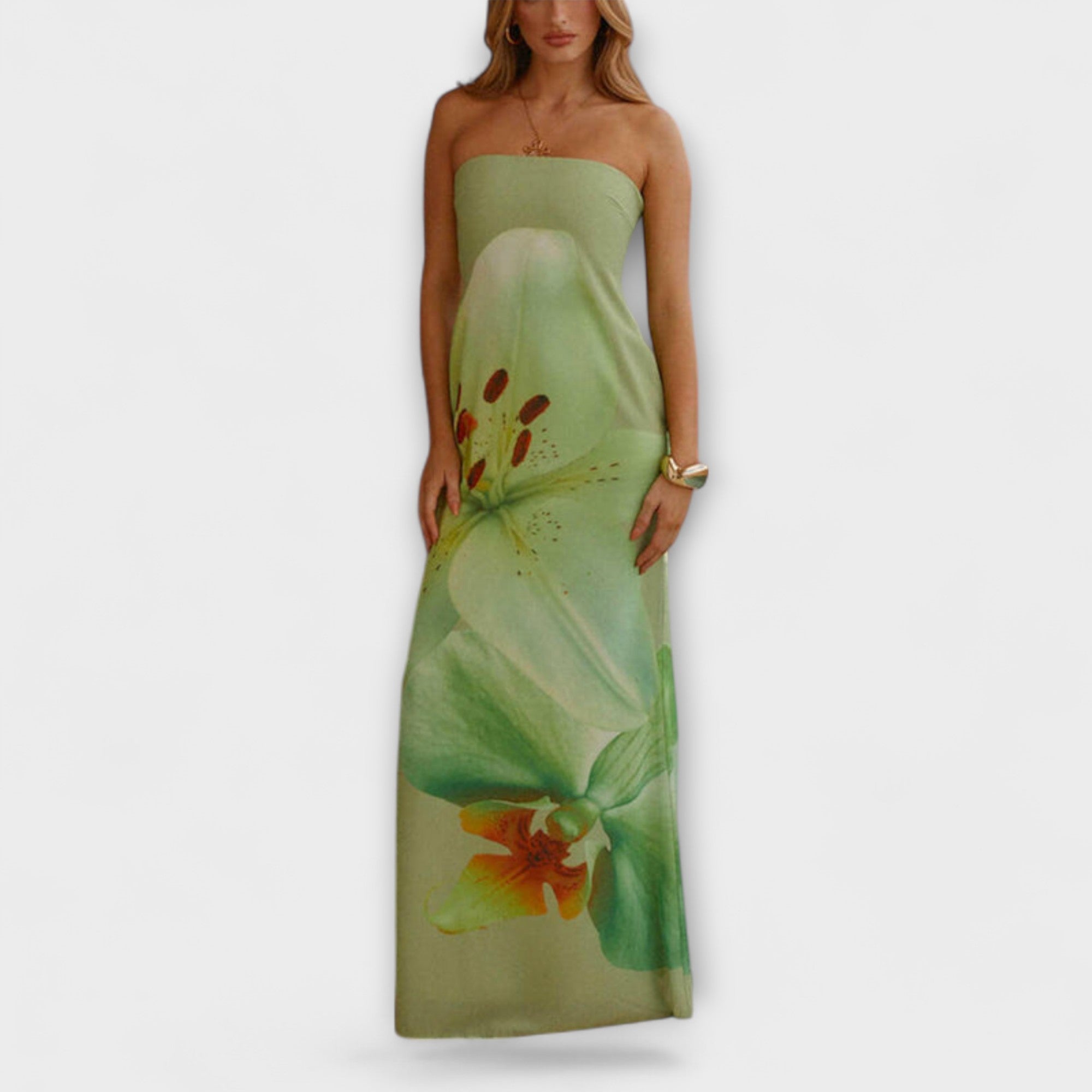 Women’s Maxi Dress, Satin Material, Floral Print, Off-Shoulder Neckline, Flowing Fit, Off-Shoulder Sleeve