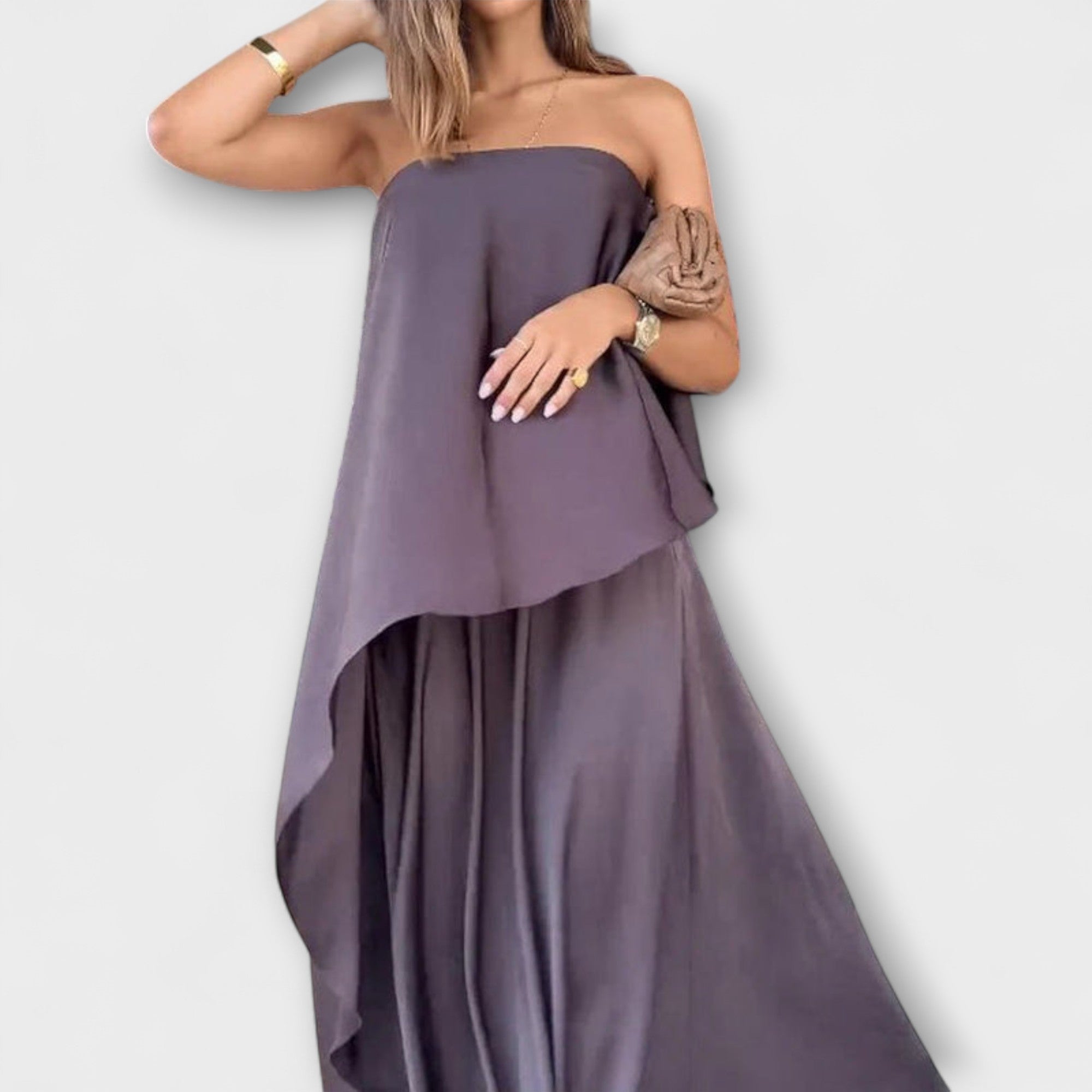 Women’s Maxi Dress, Sleeveless Bandeau Neckline, Asymmetrical Fit, Lightweight Fabric